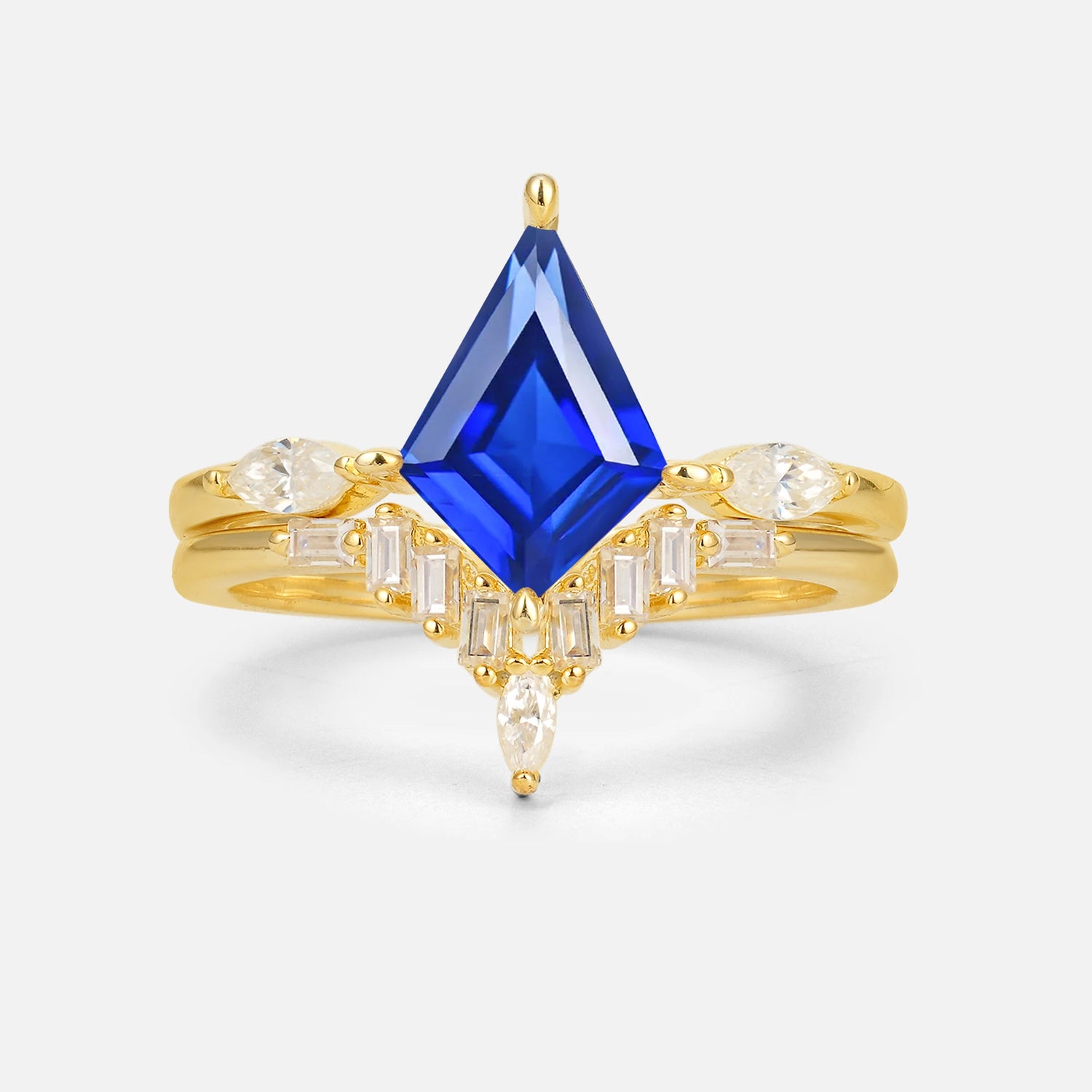 Elongated Kite Cut Sapphire Marquise & Baguette Bridal Ring Set - Yellow-Gold