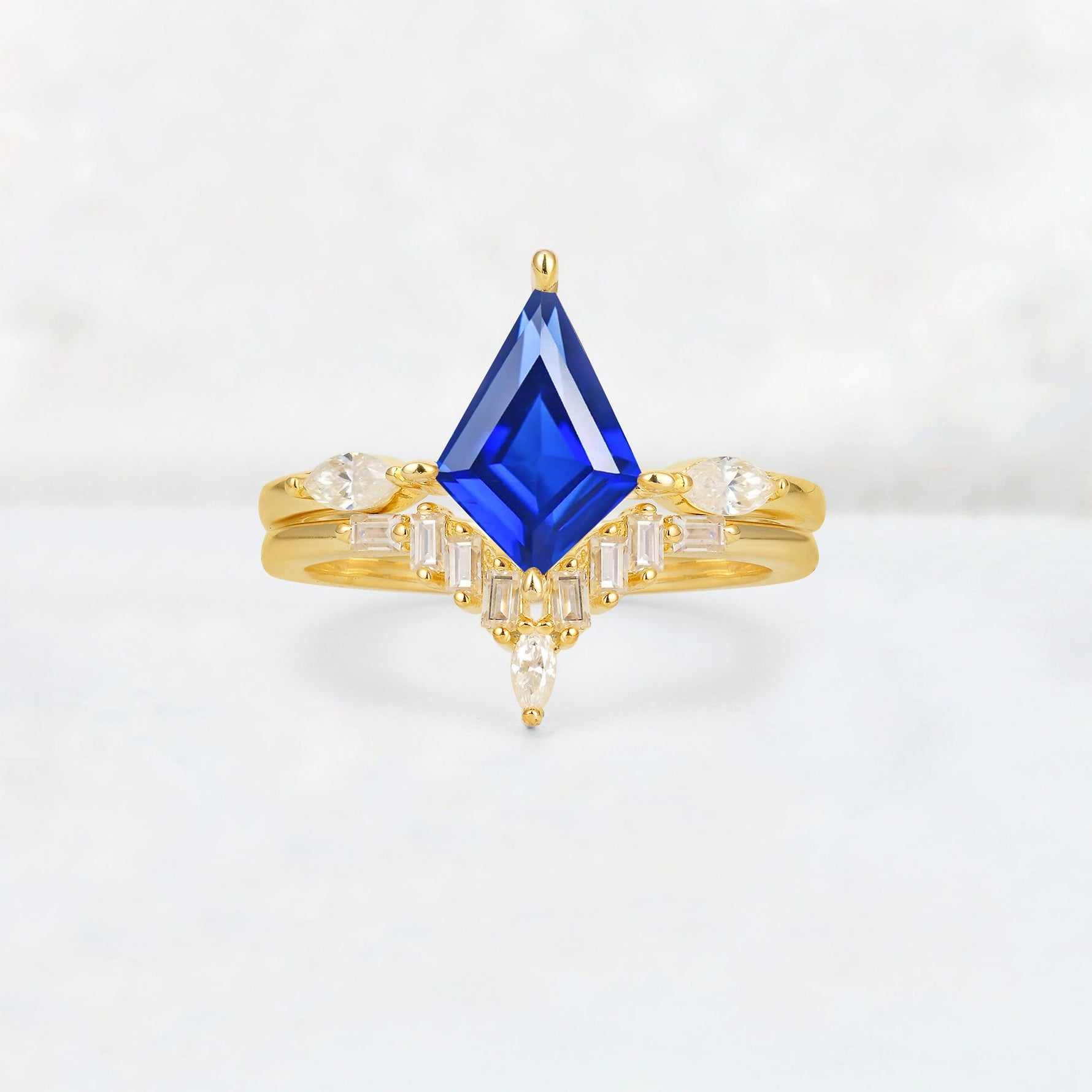 Elongated Kite Cut Sapphire Marquise & Baguette Bridal Ring Set - Yellow-Gold