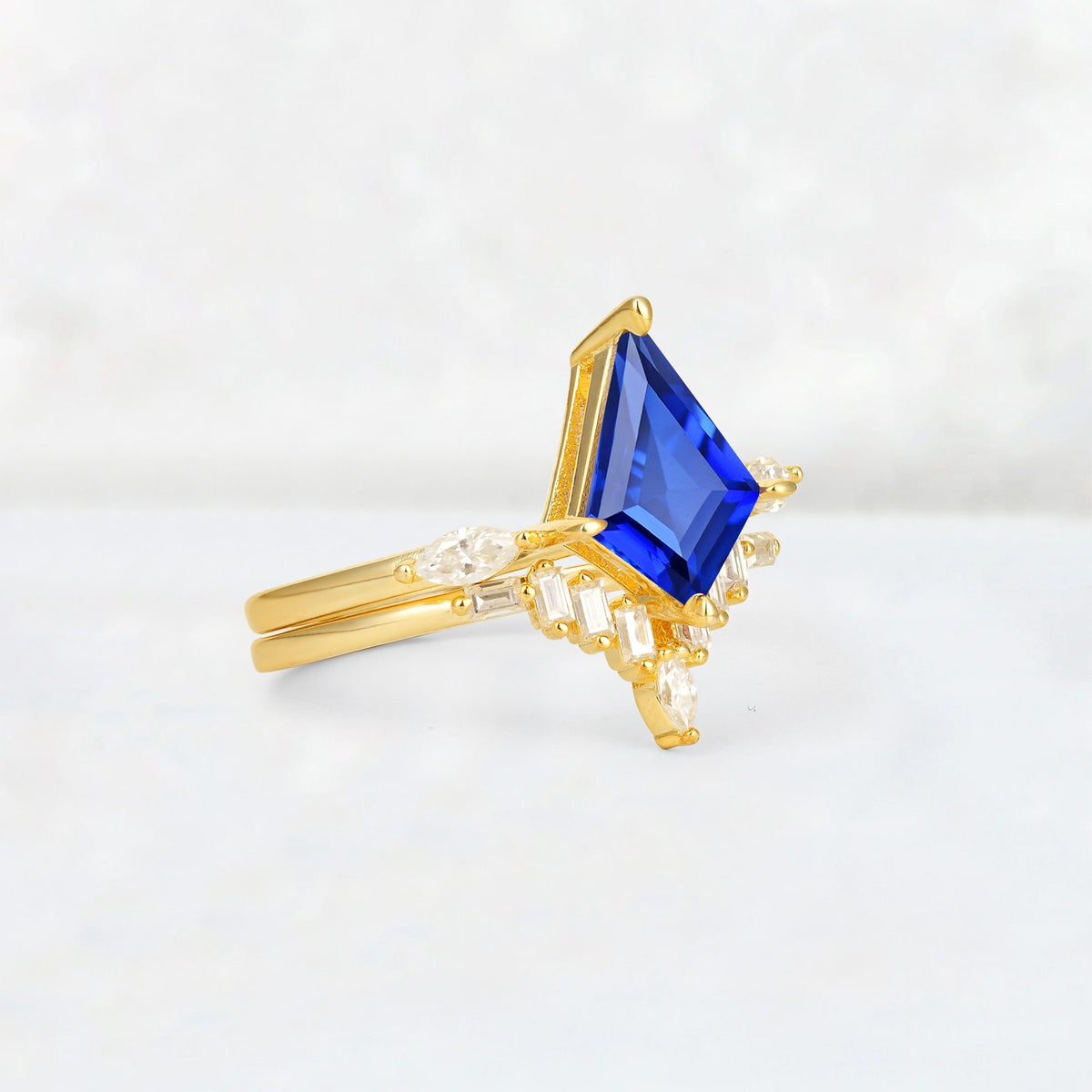 Elongated Kite Cut Sapphire Marquise & Baguette Bridal Ring Set - Rose-Gold