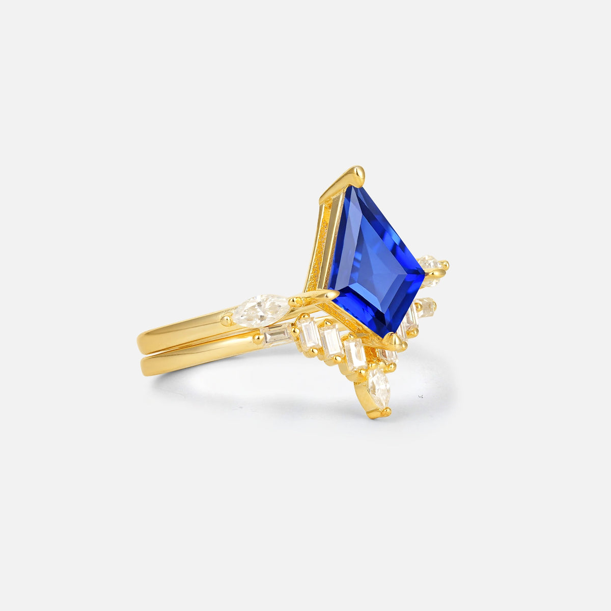 Elongated Kite Cut Sapphire Marquise & Baguette Bridal Ring Set - Rose-Gold