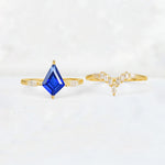 Elongated Kite Cut Sapphire Marquise & Baguette Bridal Ring Set - White-Gold