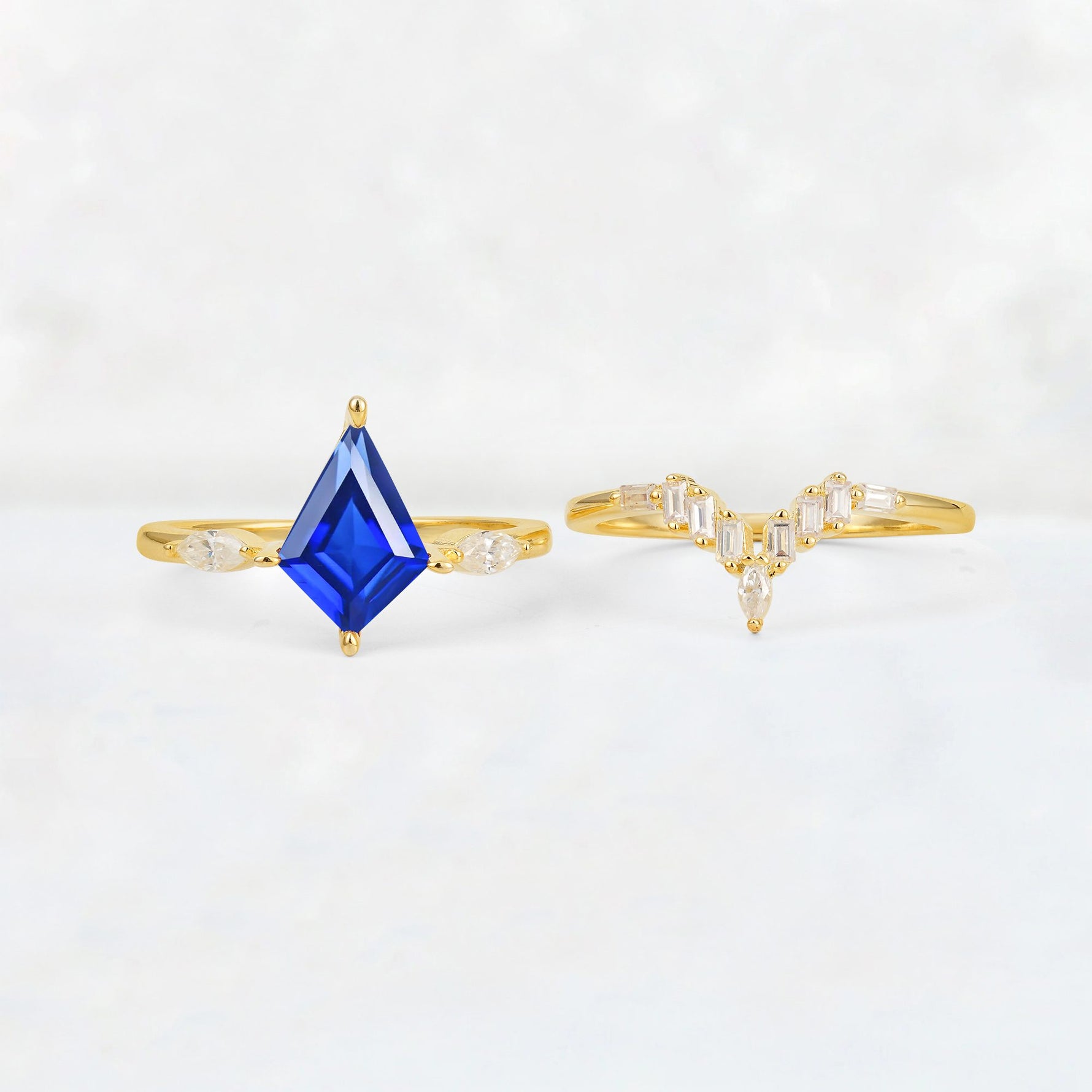 Elongated Kite Cut Sapphire Marquise & Baguette Bridal Ring Set - White-Gold