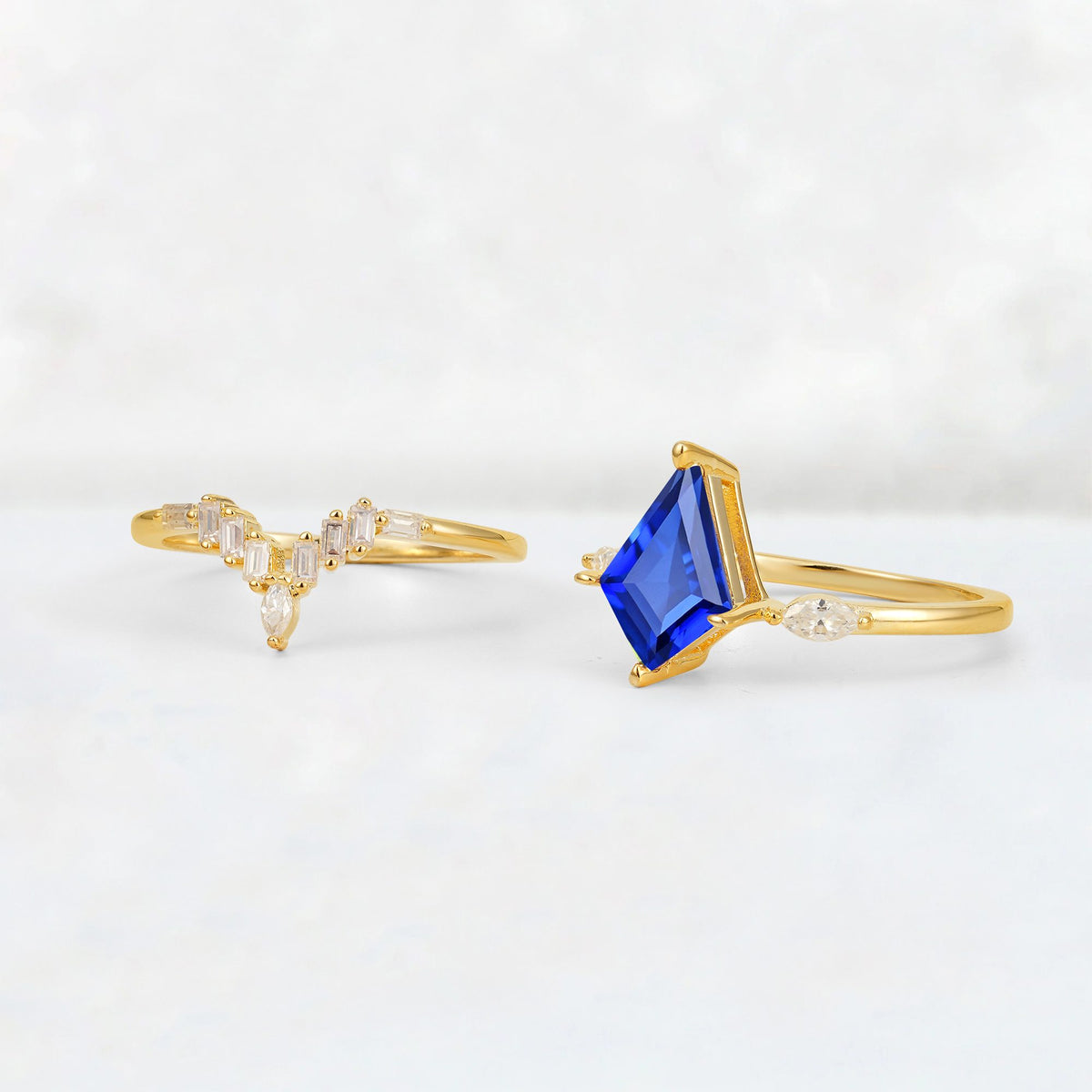 Elongated Kite Cut Sapphire Marquise & Baguette Bridal Ring Set - Additional view