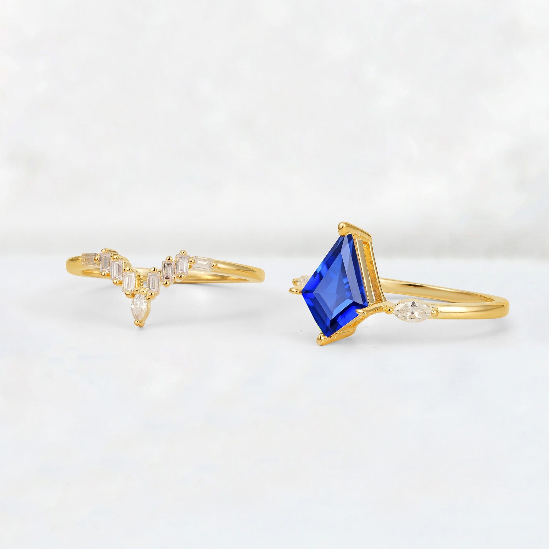 Elongated Kite Cut Sapphire Marquise & Baguette Bridal Ring Set - Additional view
