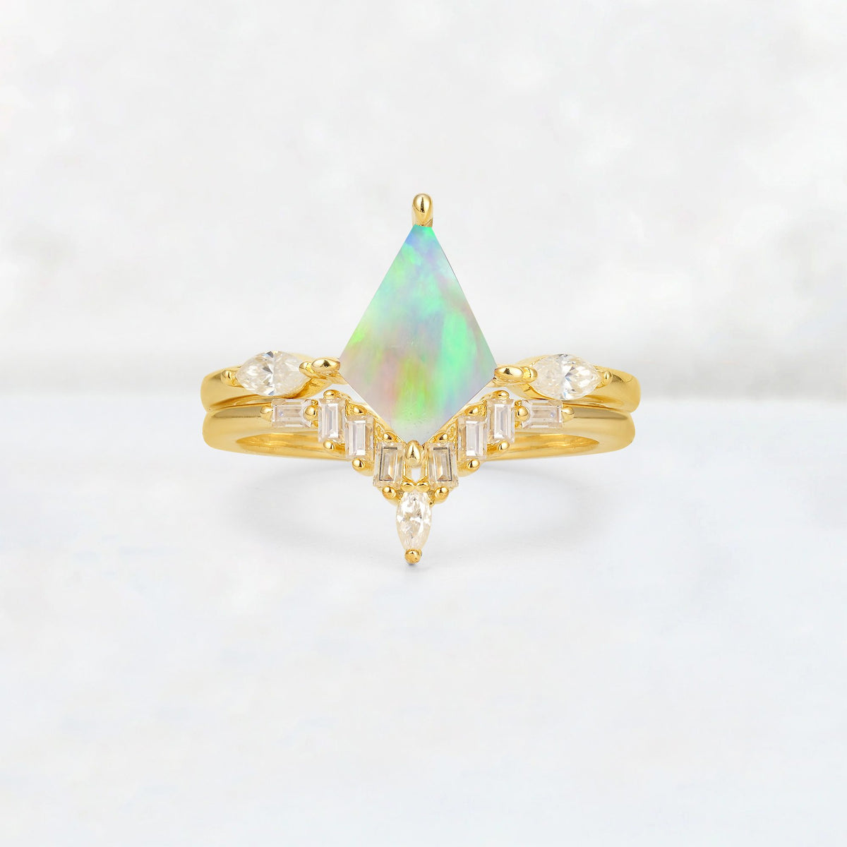 Elongated Kite Cut Fire Opal Marquise & Baguette Bridal Ring Set - Yellow-Gold