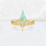Elongated Kite Cut Fire Opal Marquise & Baguette Bridal Ring Set - Yellow-Gold