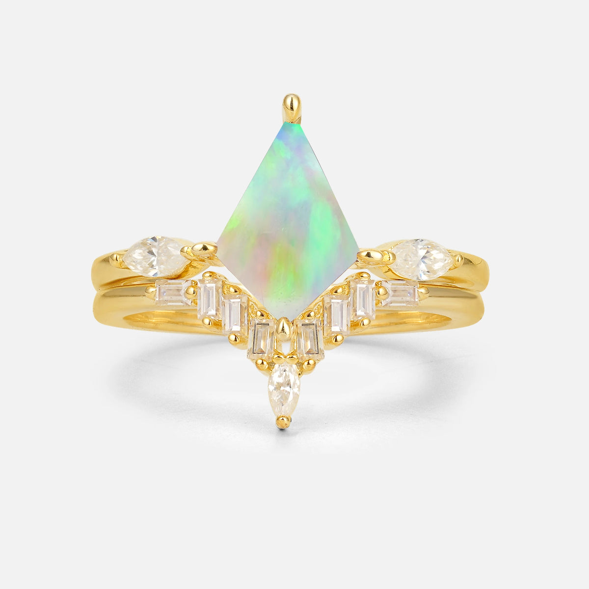 Elongated Kite Cut Fire Opal Marquise & Baguette Bridal Ring Set - Yellow-Gold