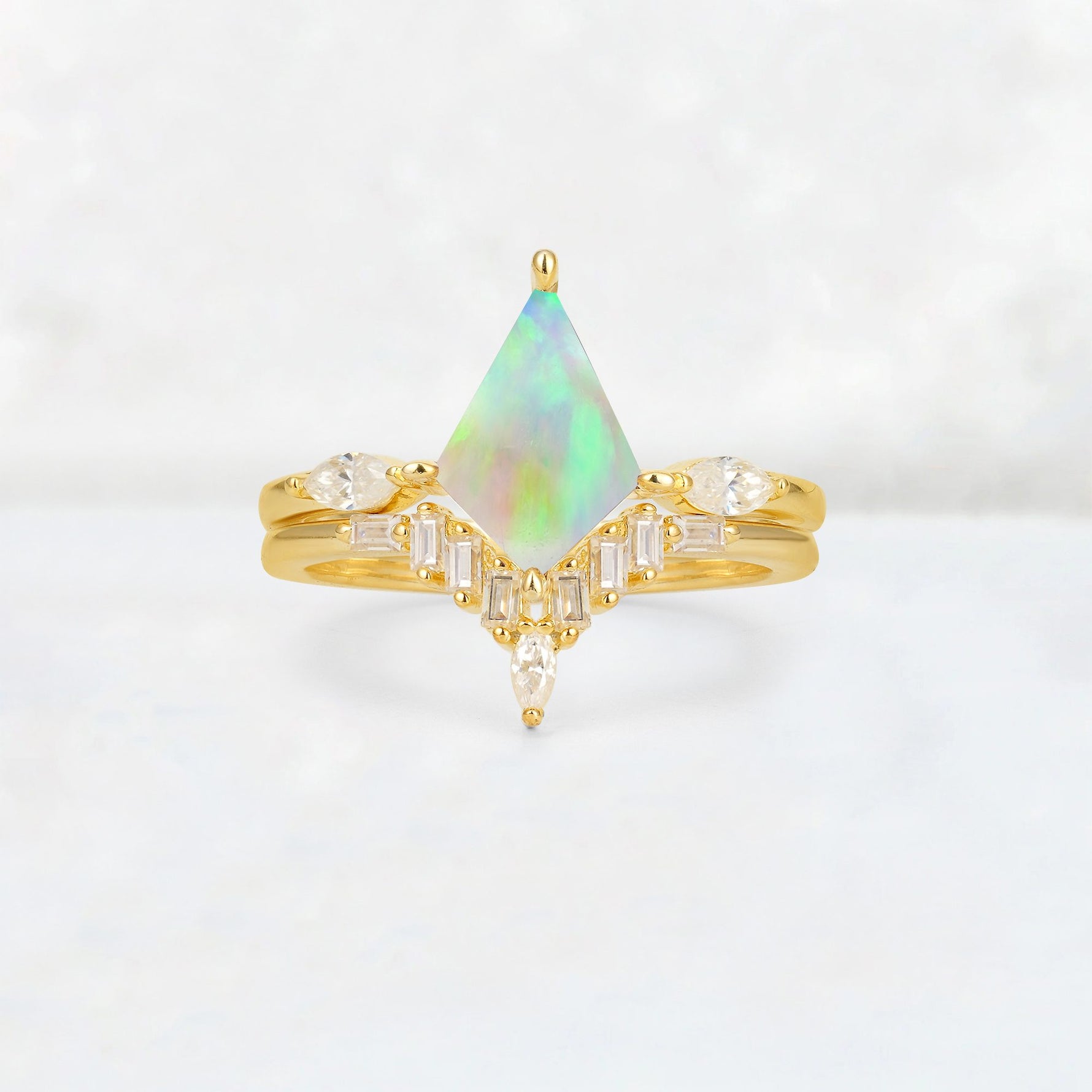 Elongated Kite Cut Fire Opal Marquise & Baguette Bridal Ring Set - Yellow-Gold