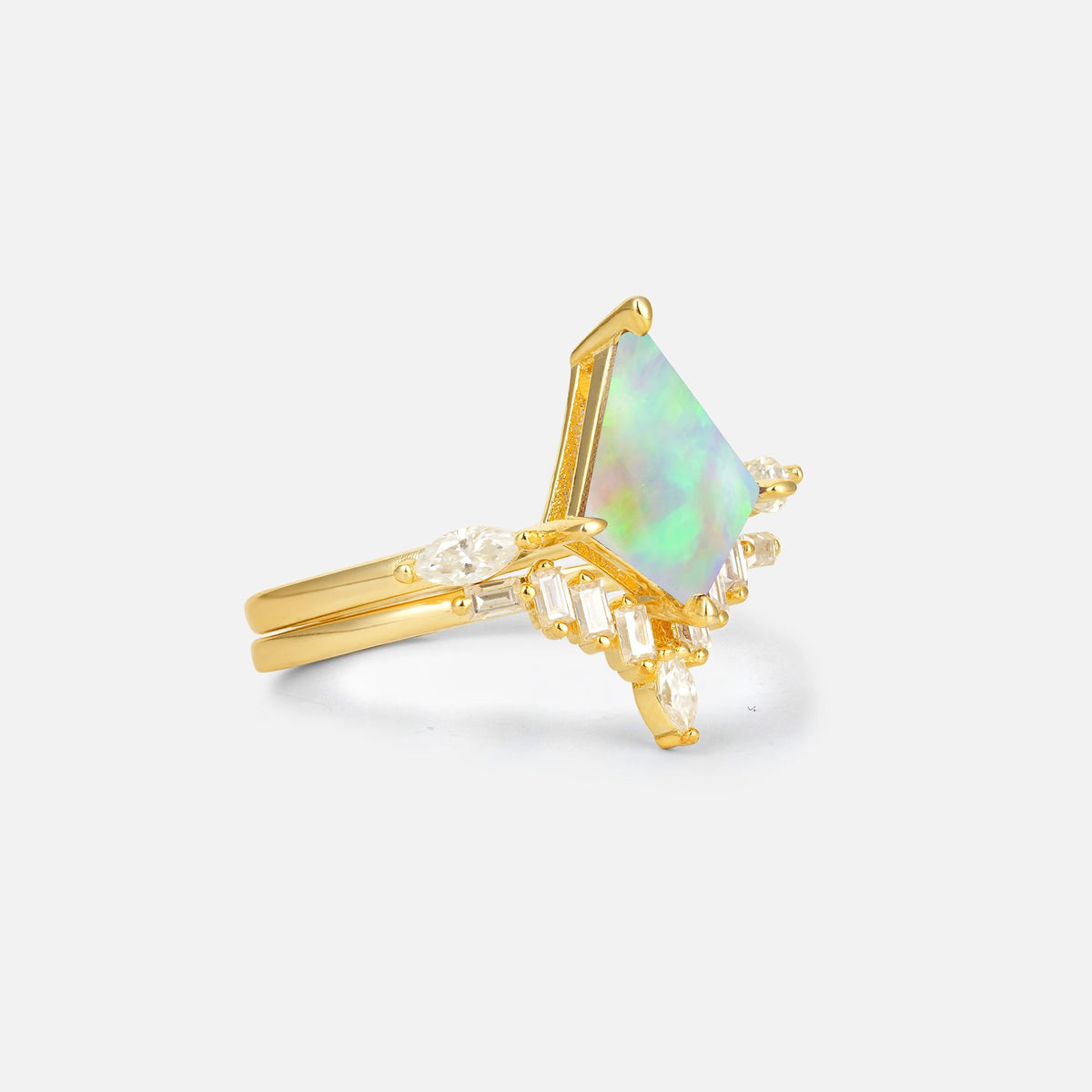 Elongated Kite Cut Fire Opal Marquise & Baguette Bridal Ring Set - Rose-Gold