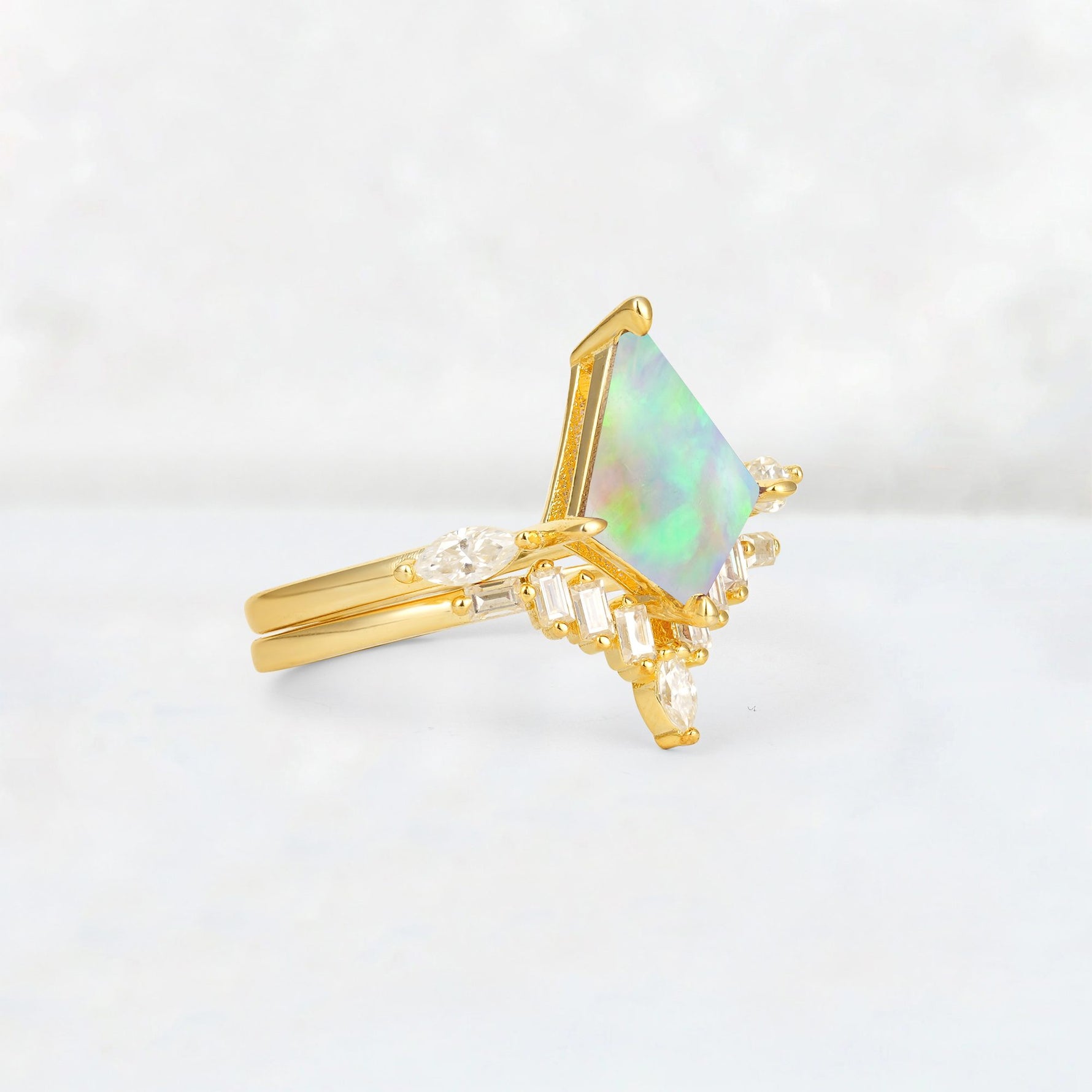 Elongated Kite Cut Fire Opal Marquise & Baguette Bridal Ring Set - Rose-Gold