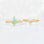 Elongated Kite Cut Fire Opal Marquise & Baguette Bridal Ring Set - White-Gold