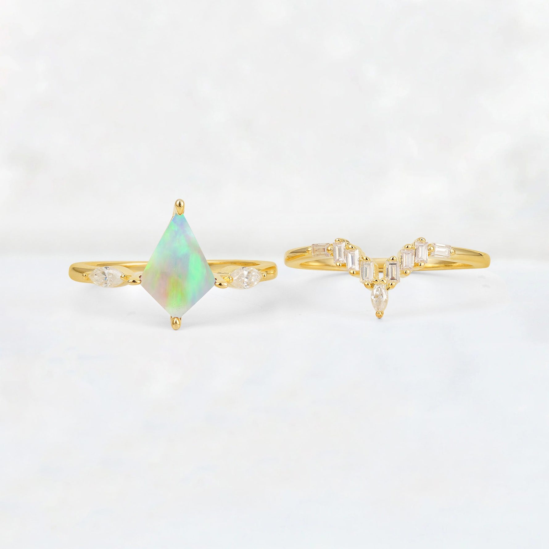 Elongated Kite Cut Fire Opal Marquise & Baguette Bridal Ring Set - White-Gold
