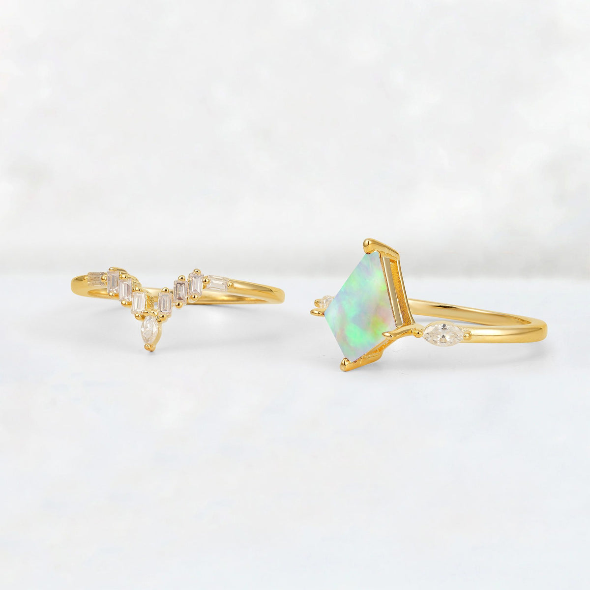 Elongated Kite Cut Fire Opal Marquise & Baguette Bridal Ring Set - Additional view