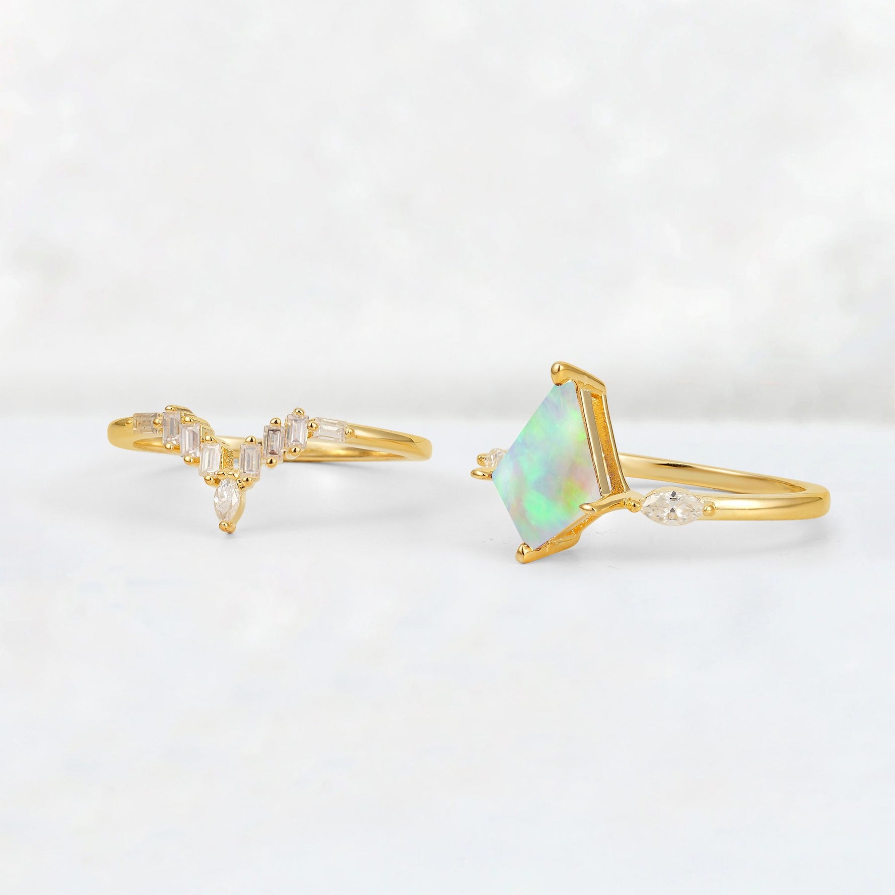 Elongated Kite Cut Fire Opal Marquise & Baguette Bridal Ring Set - Additional view
