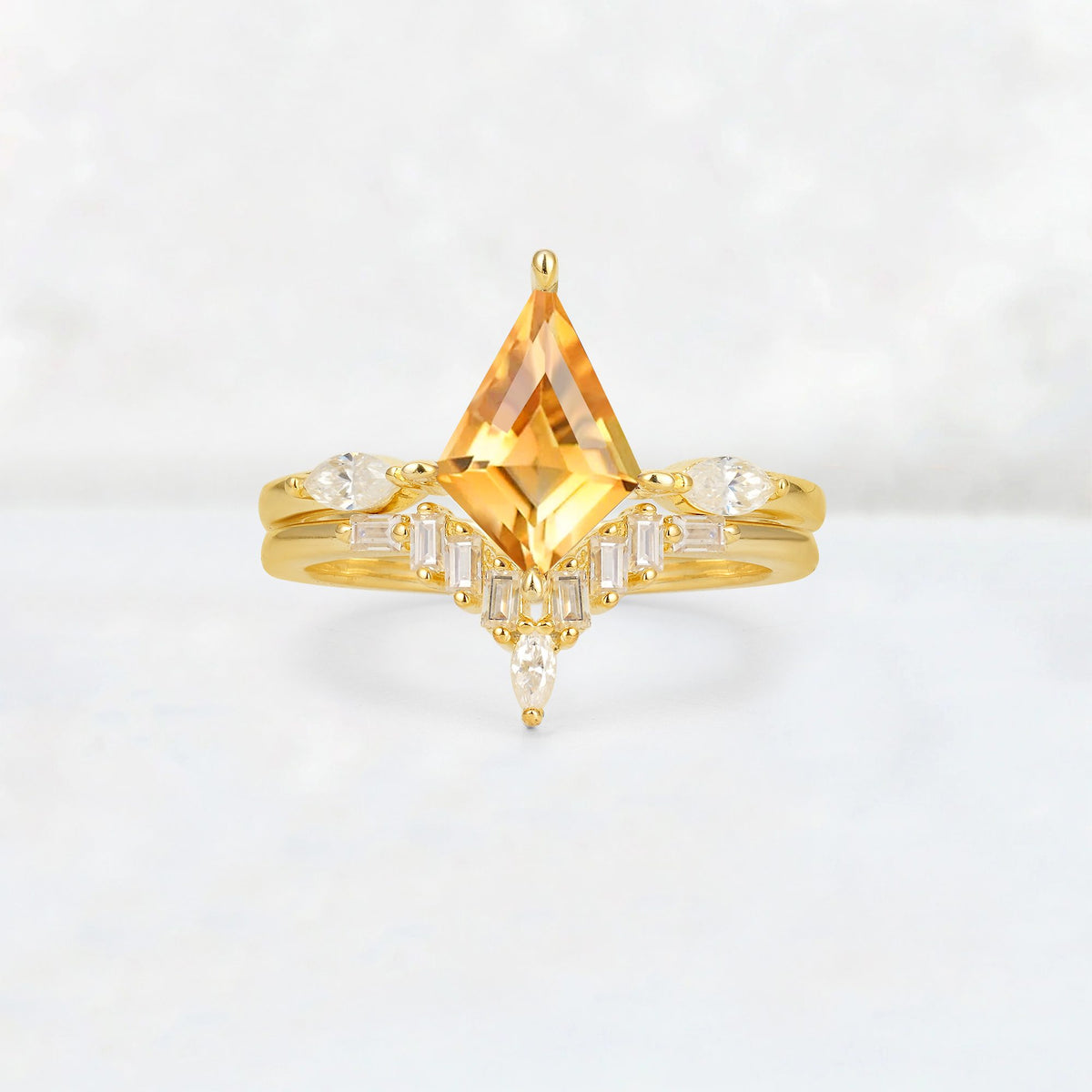 Elongated Kite Cut Citrine Marquise & Baguette Bridal Ring Set - Yellow-Gold