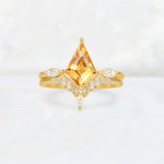 Elongated Kite Cut Citrine Marquise & Baguette Bridal Ring Set - Yellow-Gold