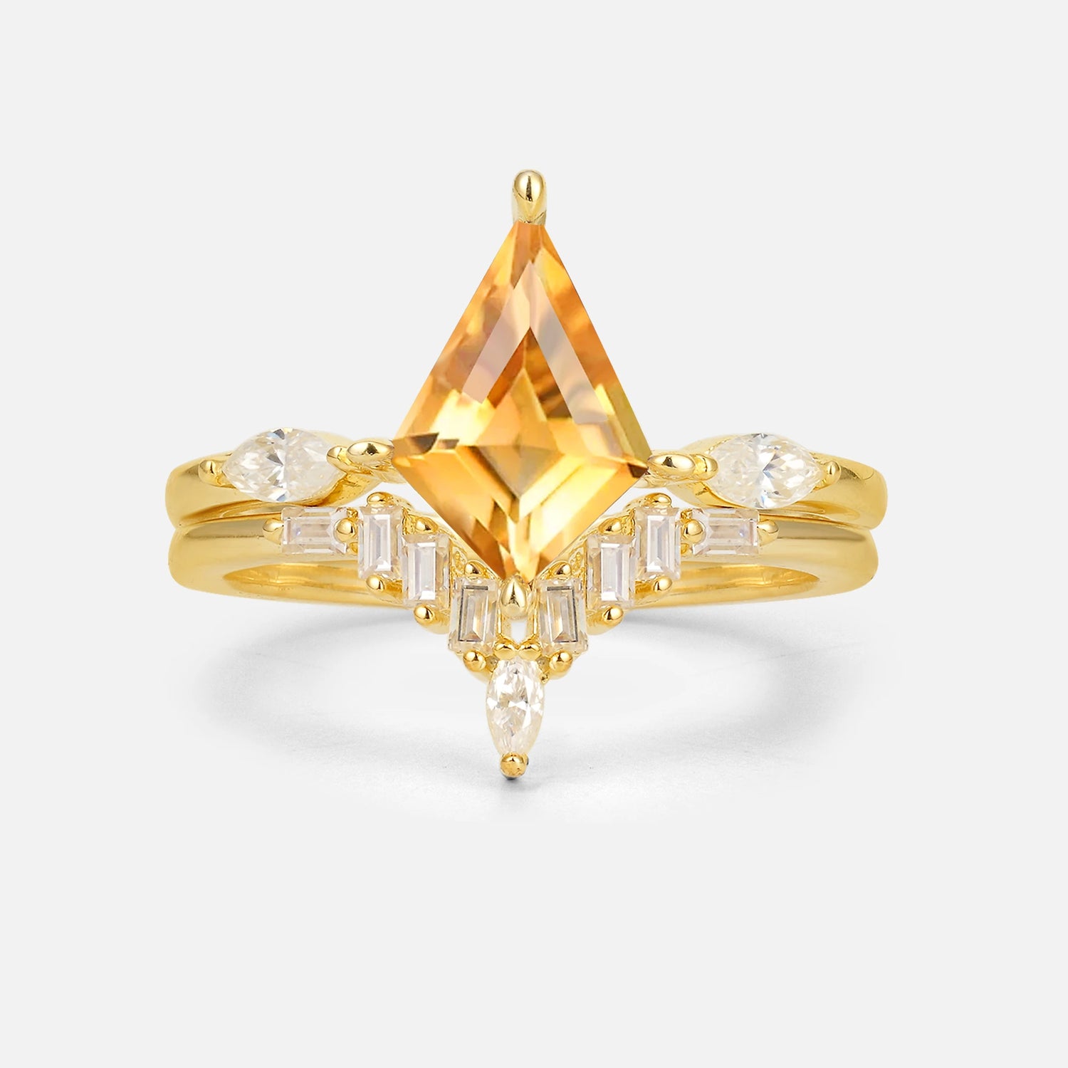 Elongated Kite Cut Citrine Marquise & Baguette Bridal Ring Set - Yellow-Gold