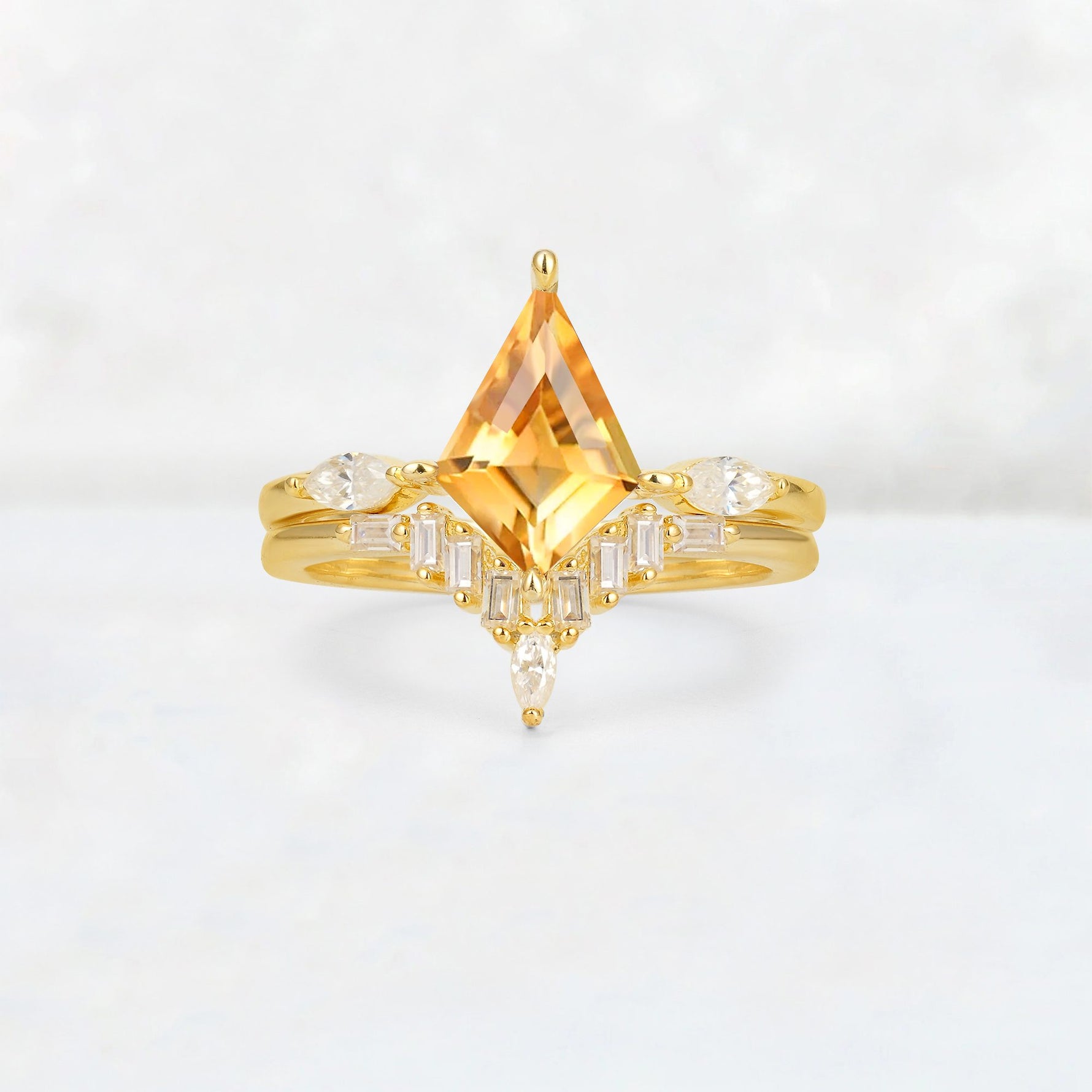 Elongated Kite Cut Citrine Marquise & Baguette Bridal Ring Set - Yellow-Gold