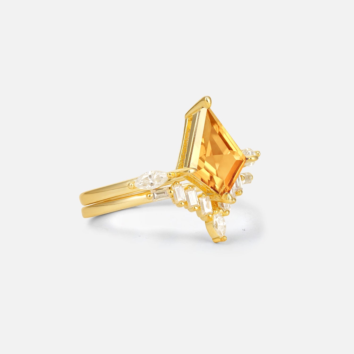 Elongated Kite Cut Citrine Marquise & Baguette Bridal Ring Set - Rose-Gold