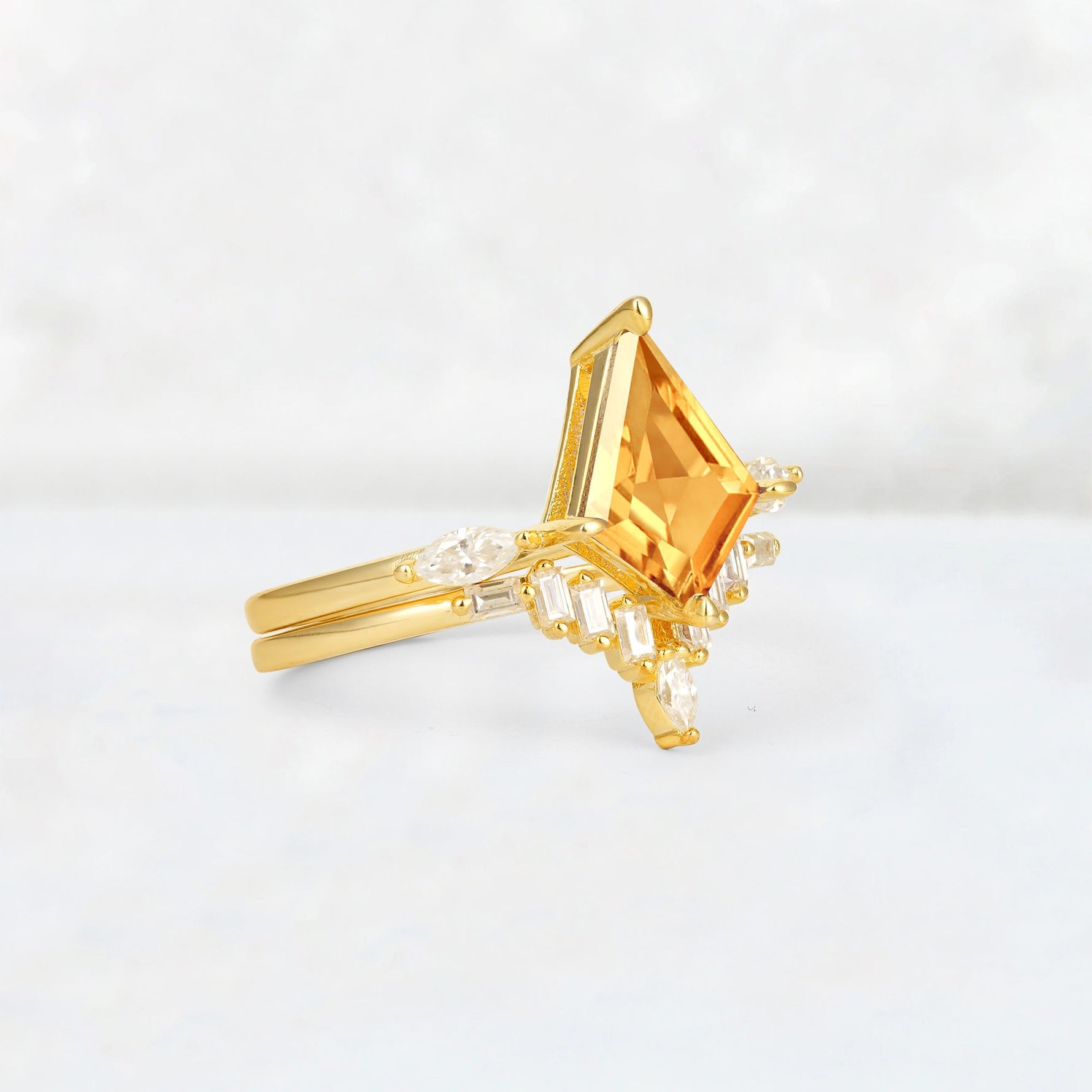 Elongated Kite Cut Citrine Marquise & Baguette Bridal Ring Set - Rose-Gold