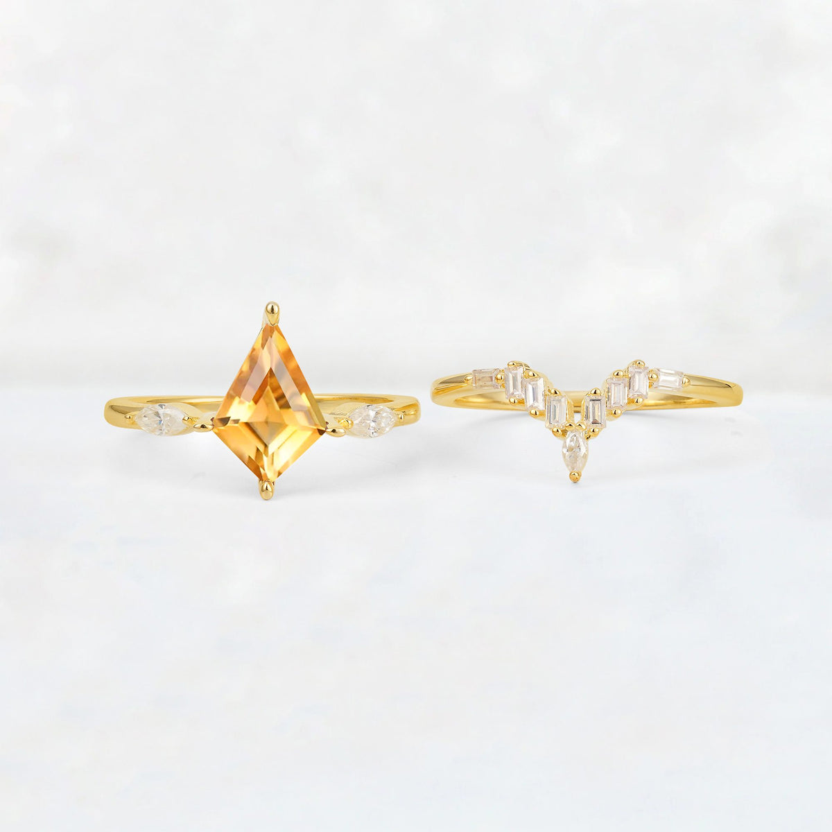 Elongated Kite Cut Citrine Marquise & Baguette Bridal Ring Set - White-Gold