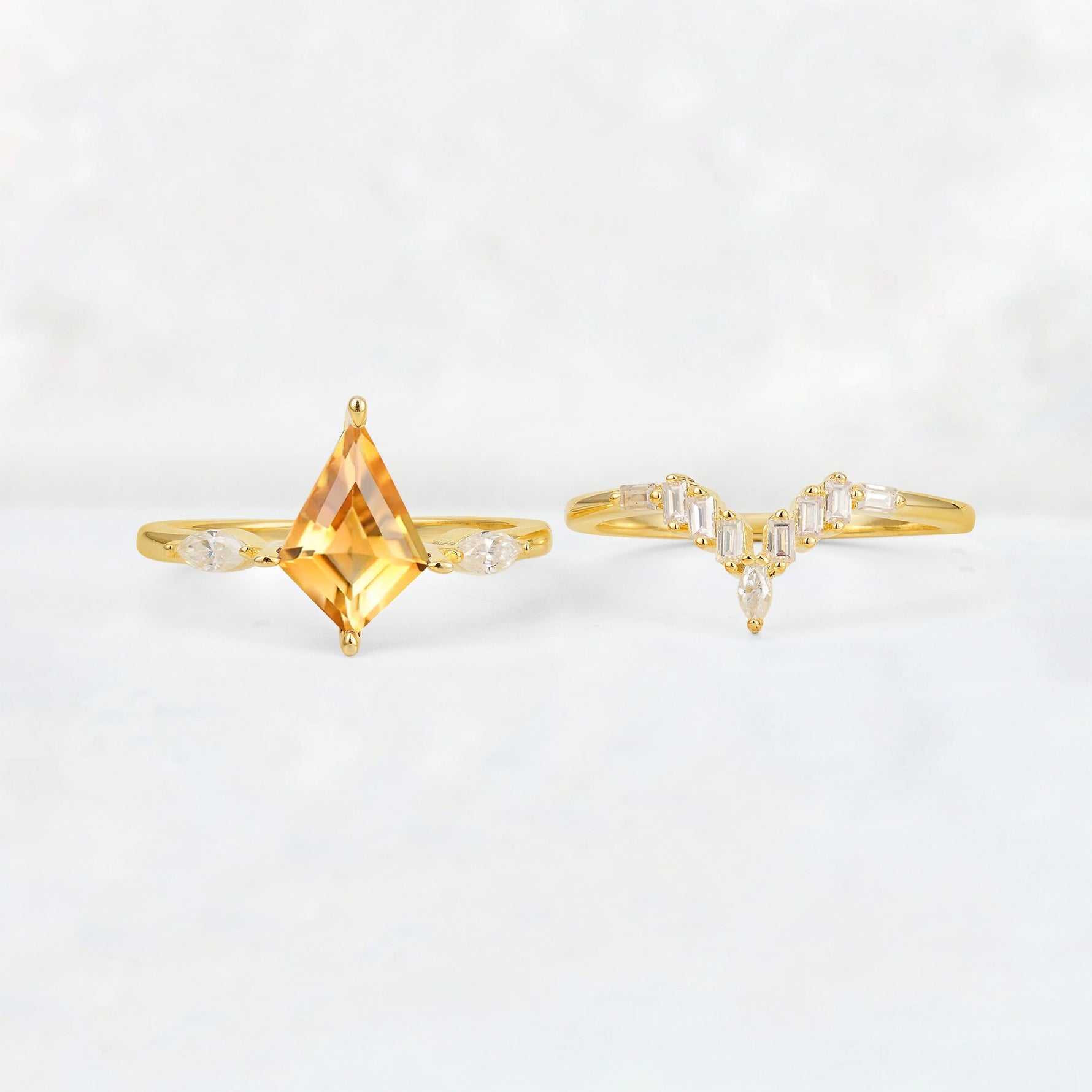 Elongated Kite Cut Citrine Marquise & Baguette Bridal Ring Set - White-Gold