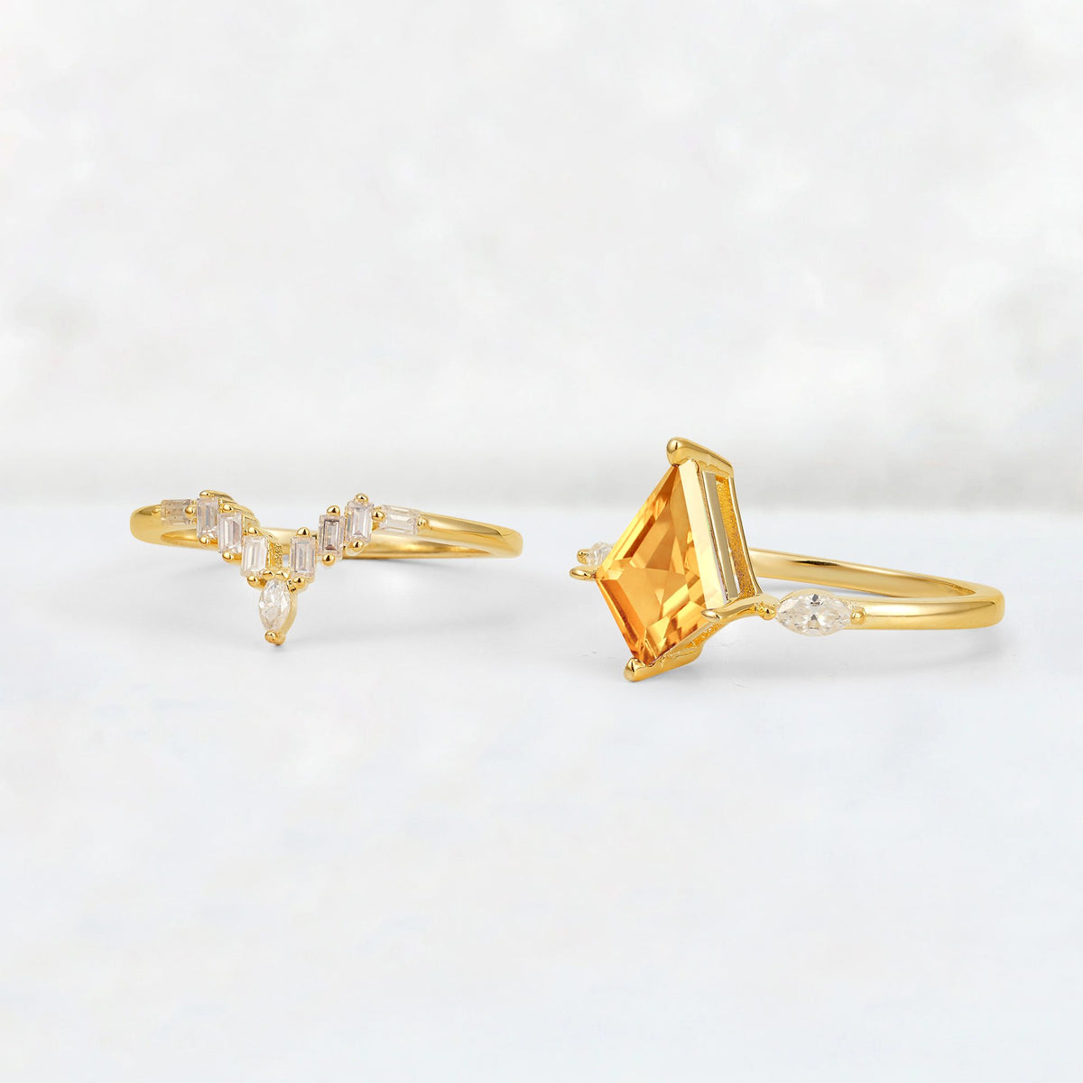 Elongated Kite Cut Citrine Marquise & Baguette Bridal Ring Set - Additional view