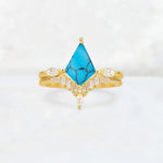 Elongated Kite Cut Turquoise Marquise & Baguette Bridal Ring Set - Yellow-Gold