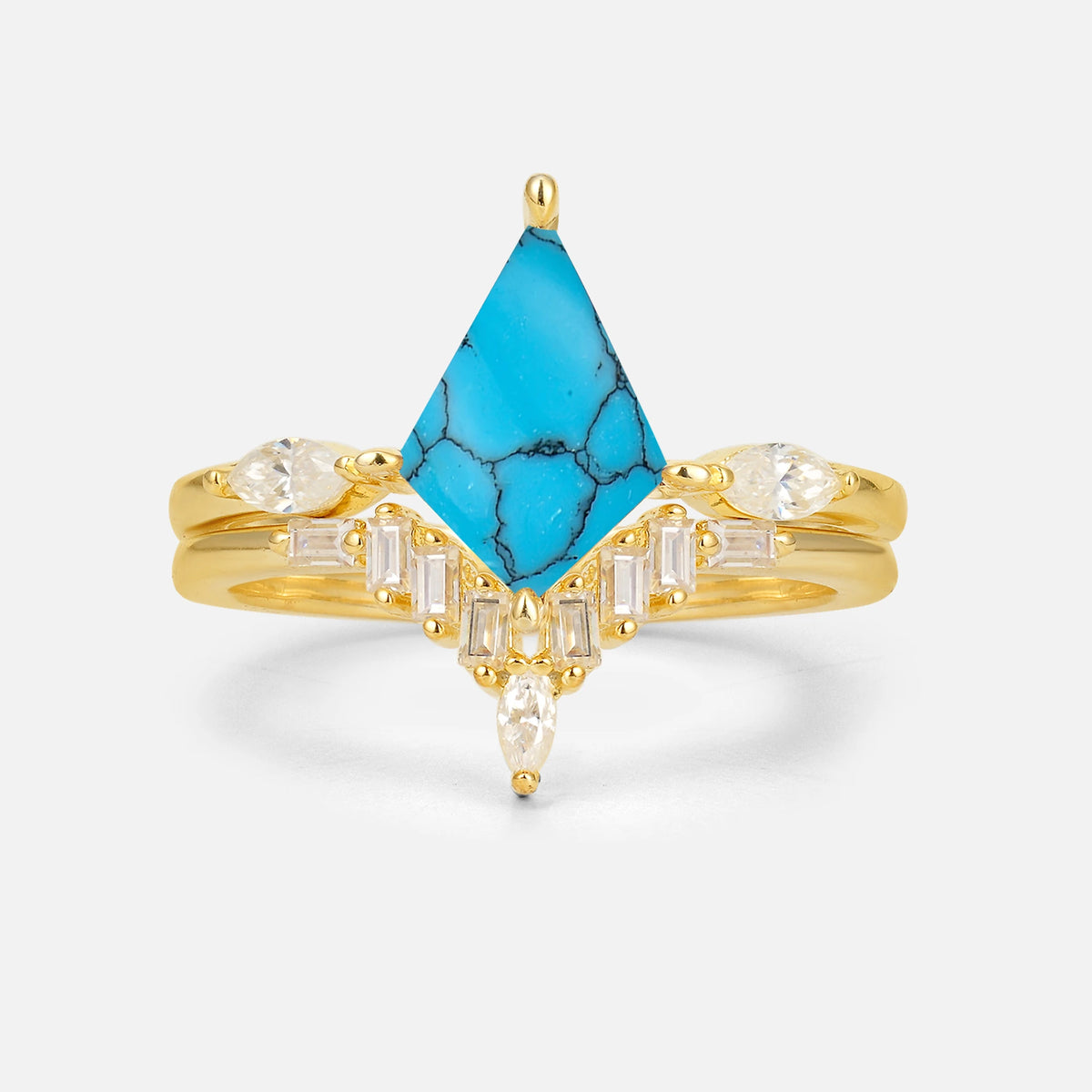 Elongated Kite Cut Turquoise Marquise & Baguette Bridal Ring Set - Yellow-Gold