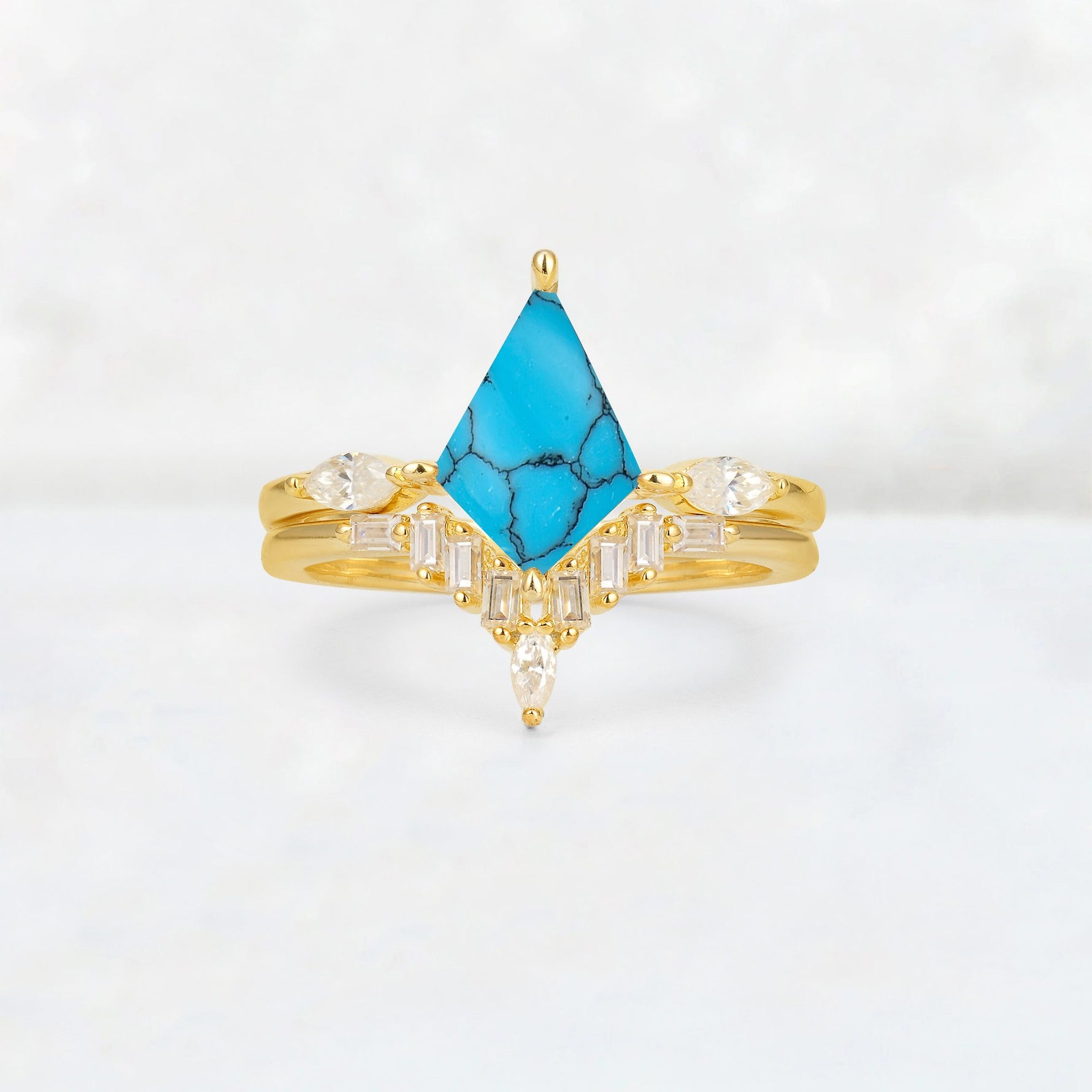 Elongated Kite Cut Turquoise Marquise & Baguette Bridal Ring Set - Yellow-Gold