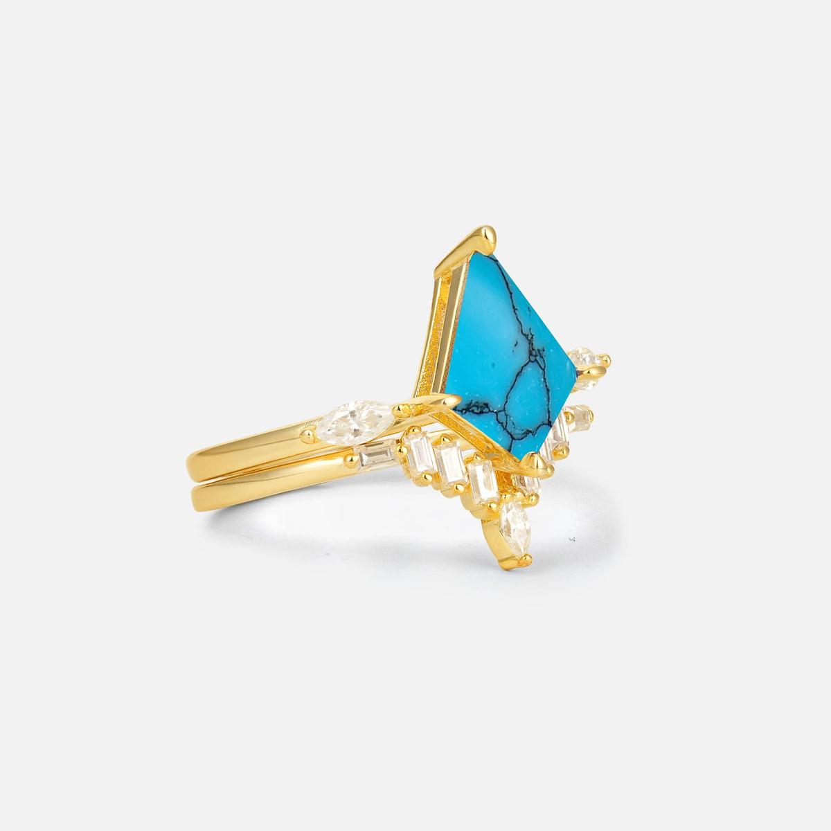 Elongated Kite Cut Turquoise Marquise & Baguette Bridal Ring Set - Rose-Gold