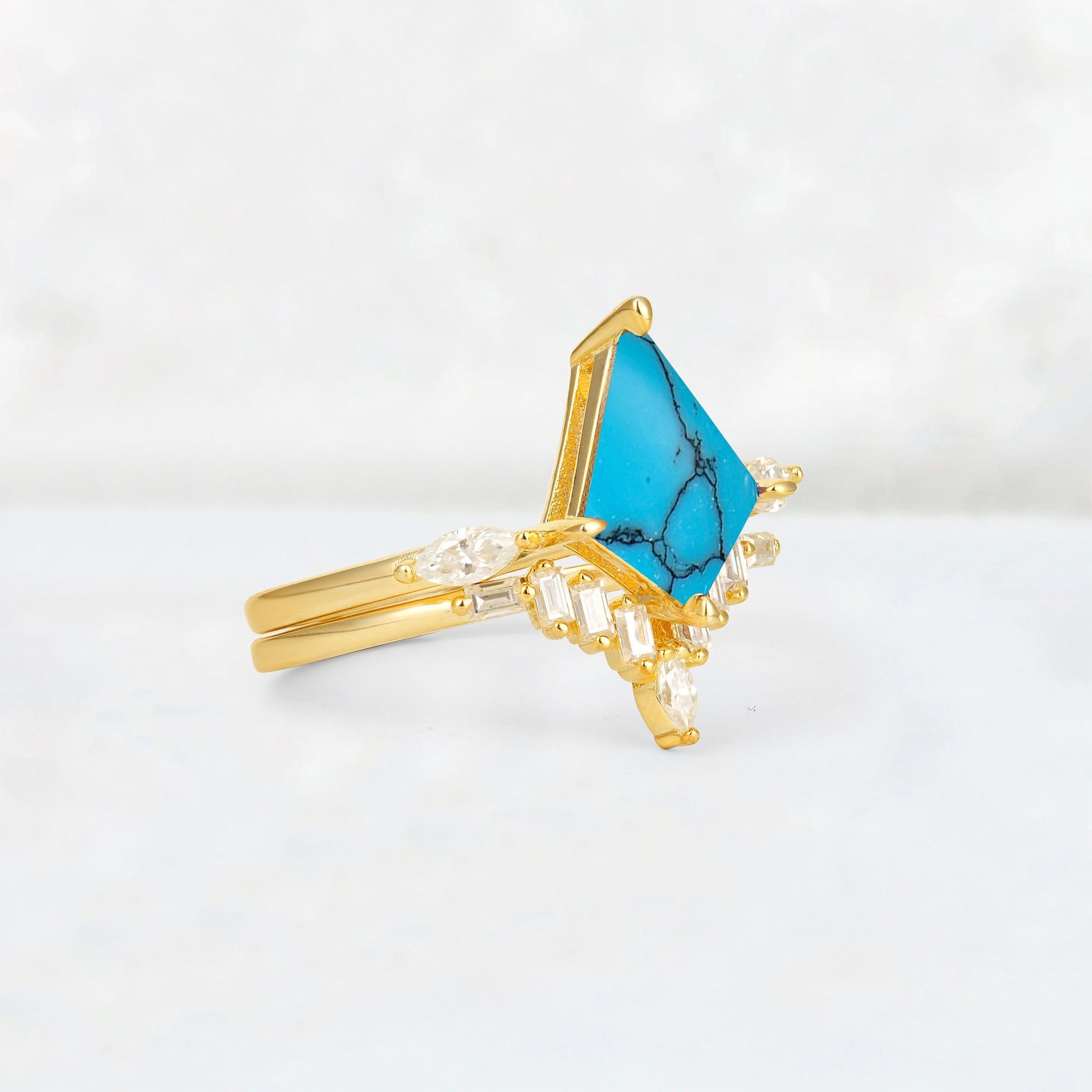 Elongated Kite Cut Turquoise Marquise & Baguette Bridal Ring Set - Rose-Gold