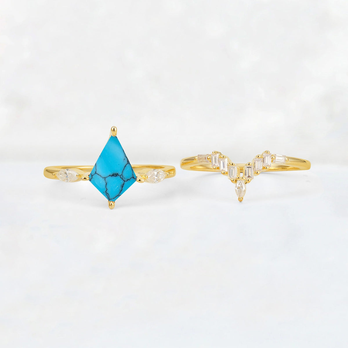 Elongated Kite Cut Turquoise Marquise & Baguette Bridal Ring Set - White-Gold