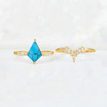 Elongated Kite Cut Turquoise Marquise & Baguette Bridal Ring Set - White-Gold
