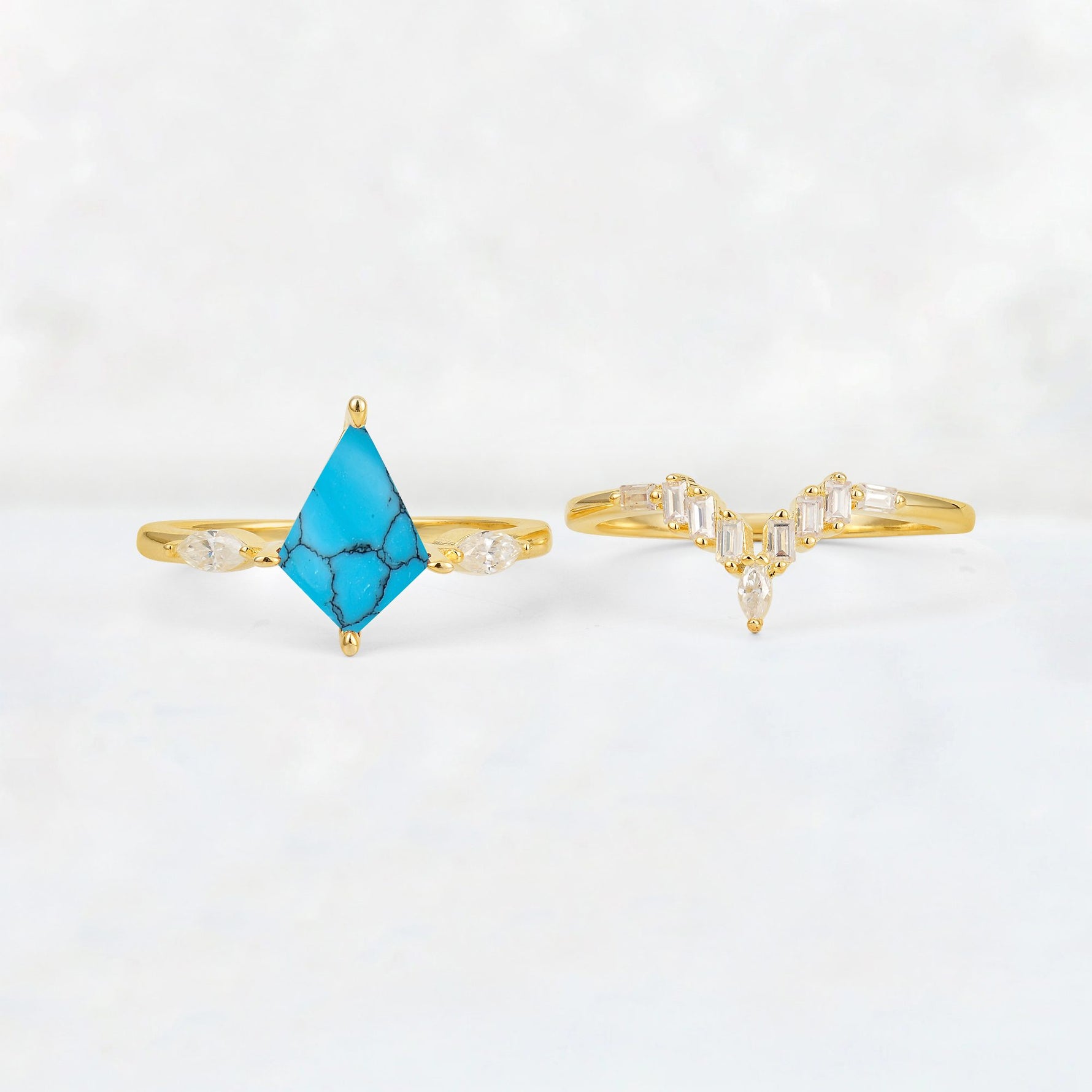 Elongated Kite Cut Turquoise Marquise & Baguette Bridal Ring Set - White-Gold