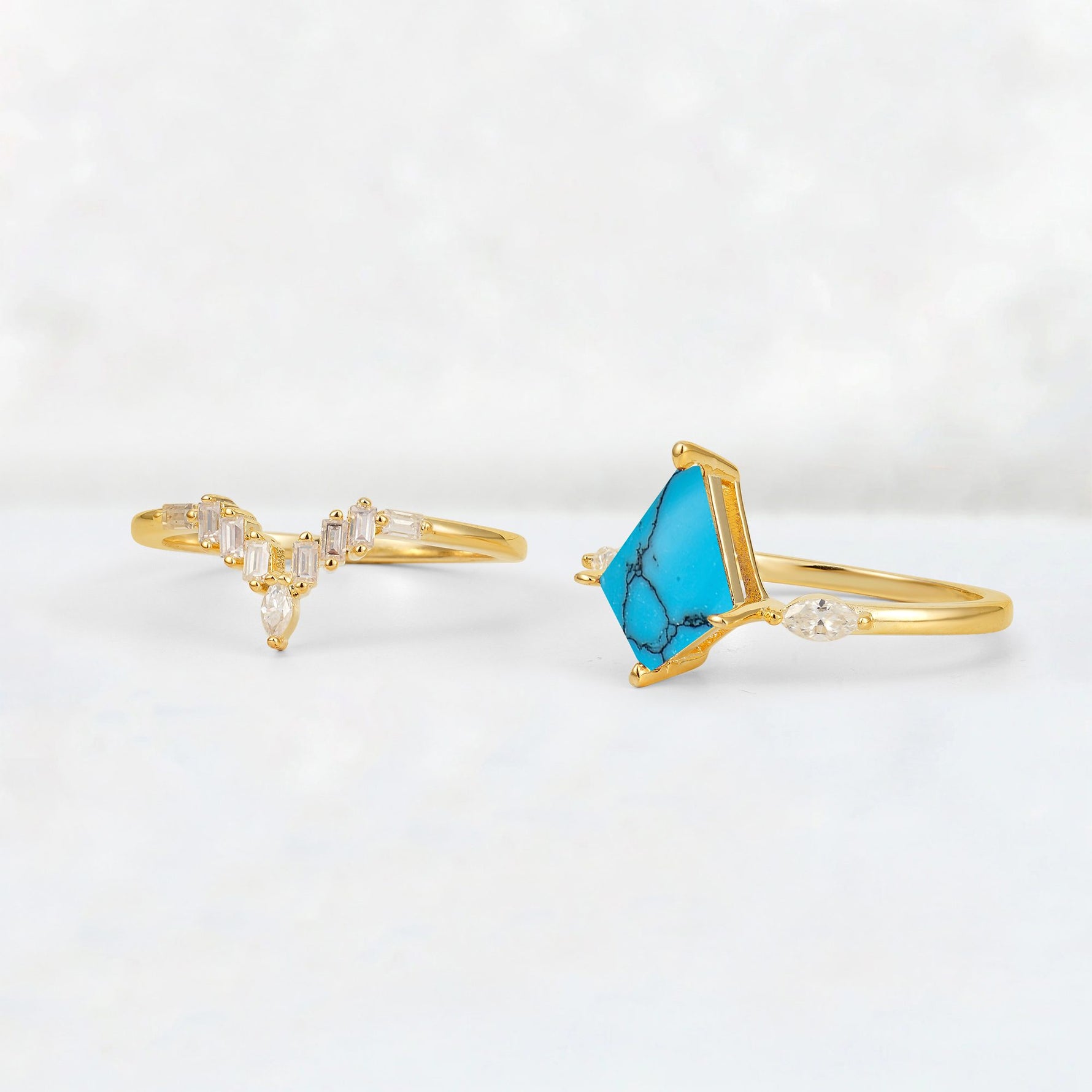 Elongated Kite Cut Turquoise Marquise & Baguette Bridal Ring Set - Additional view