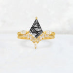 Elongated Kite Cut Black Rutilated Quartz Marquise & Baguette Bridal Ring Set - Yellow-Gold