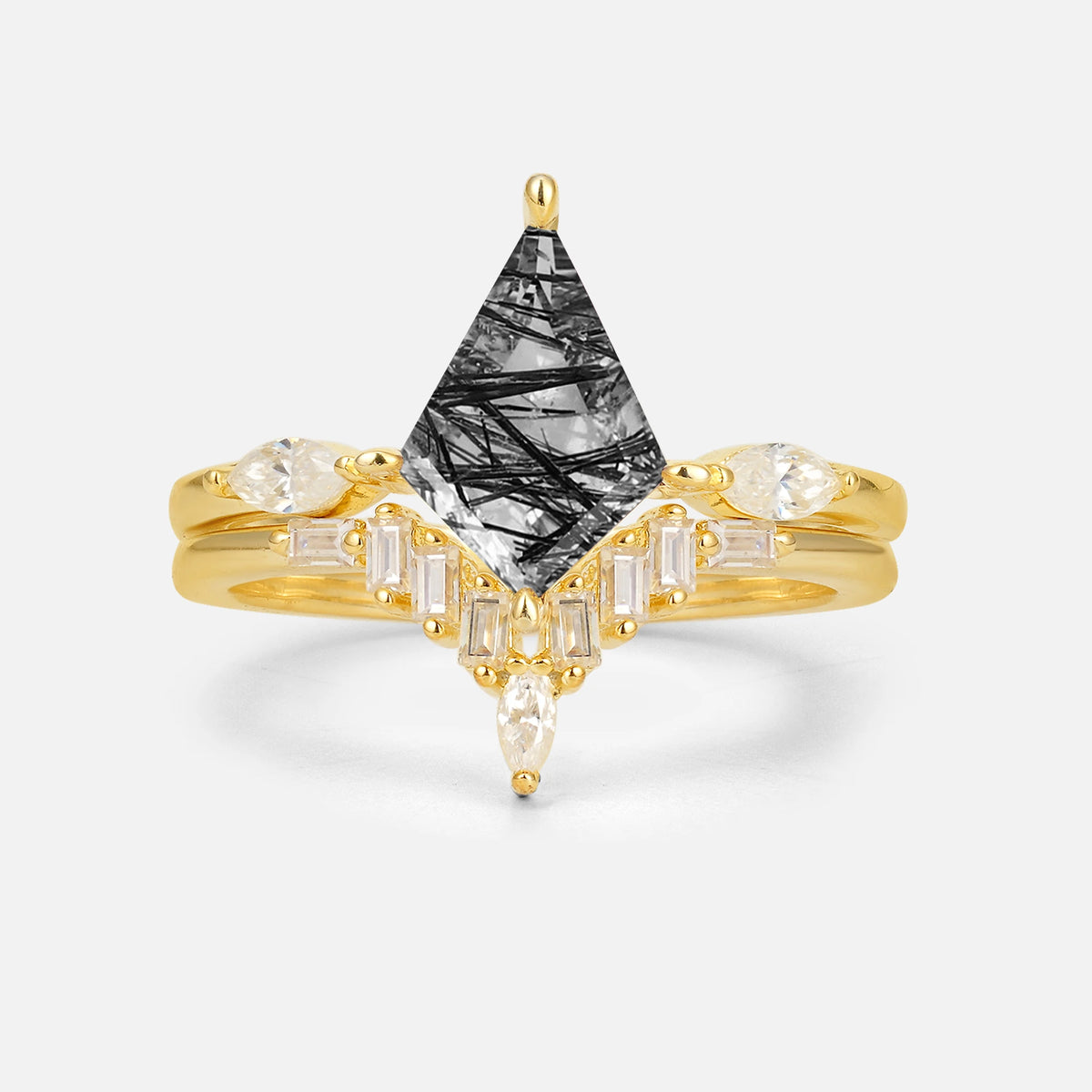 Elongated Kite Cut Black Rutilated Quartz Marquise & Baguette Bridal Ring Set - Yellow-Gold