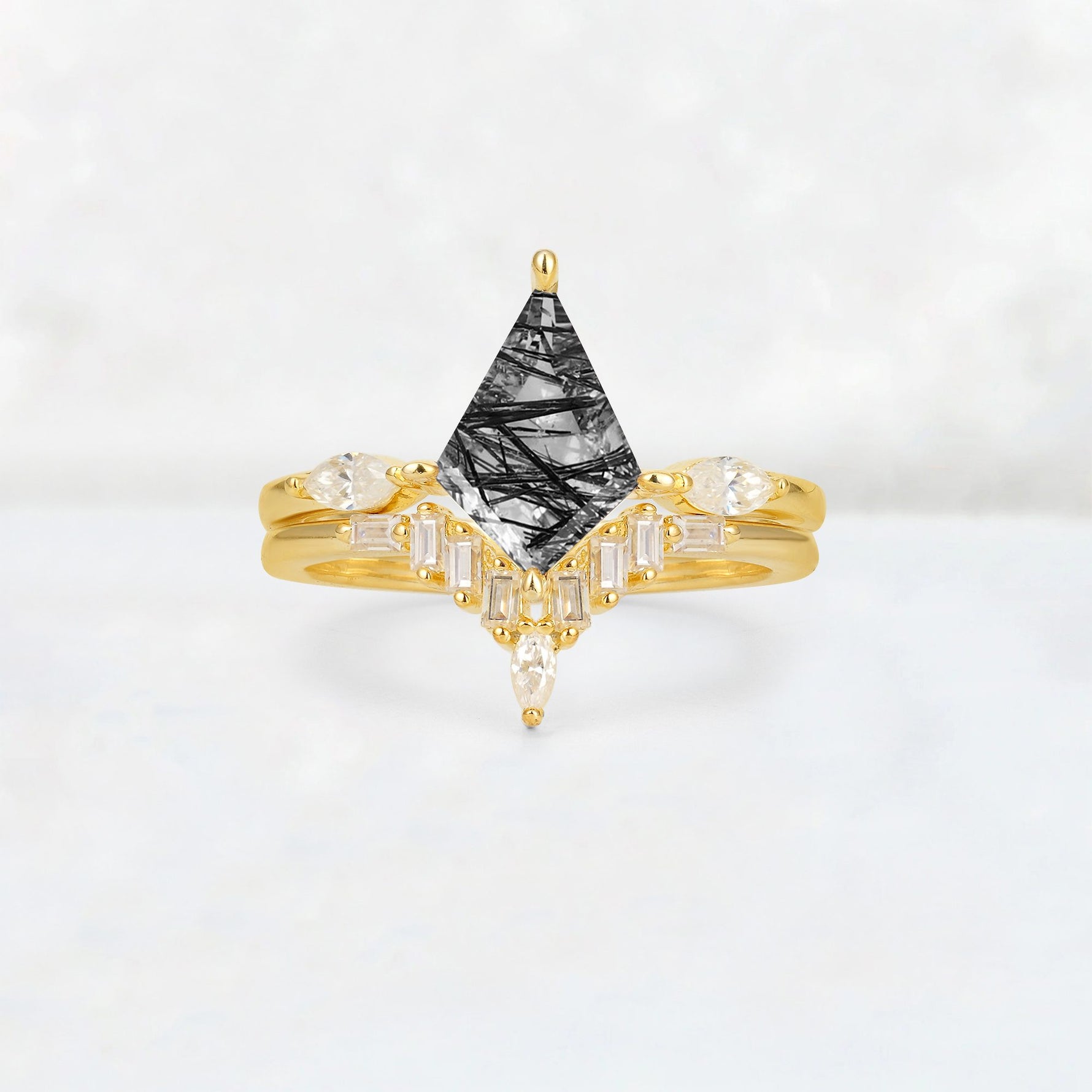 Elongated Kite Cut Black Rutilated Quartz Marquise & Baguette Bridal Ring Set - Yellow-Gold