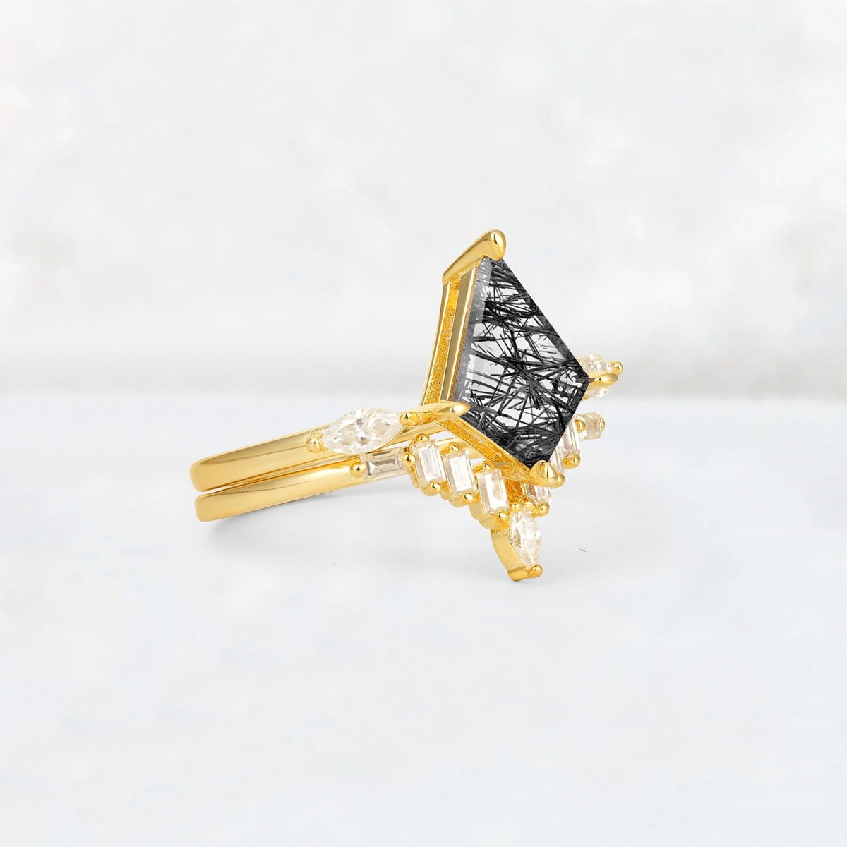 Elongated Kite Cut Black Rutilated Quartz Marquise & Baguette Bridal Ring Set - Rose-Gold