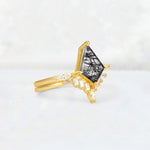 Elongated Kite Cut Black Rutilated Quartz Marquise & Baguette Bridal Ring Set - Rose-Gold