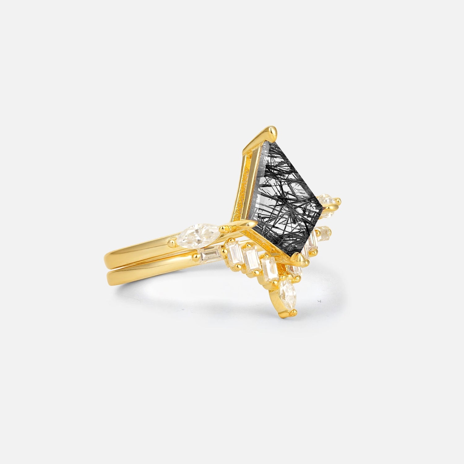 Elongated Kite Cut Black Rutilated Quartz Marquise & Baguette Bridal Ring Set - Rose-Gold