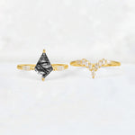 Elongated Kite Cut Black Rutilated Quartz Marquise & Baguette Bridal Ring Set - White-Gold
