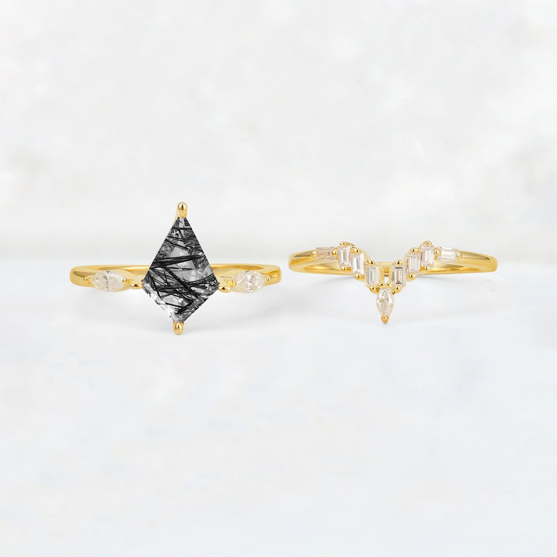 Elongated Kite Cut Black Rutilated Quartz Marquise & Baguette Bridal Ring Set - White-Gold