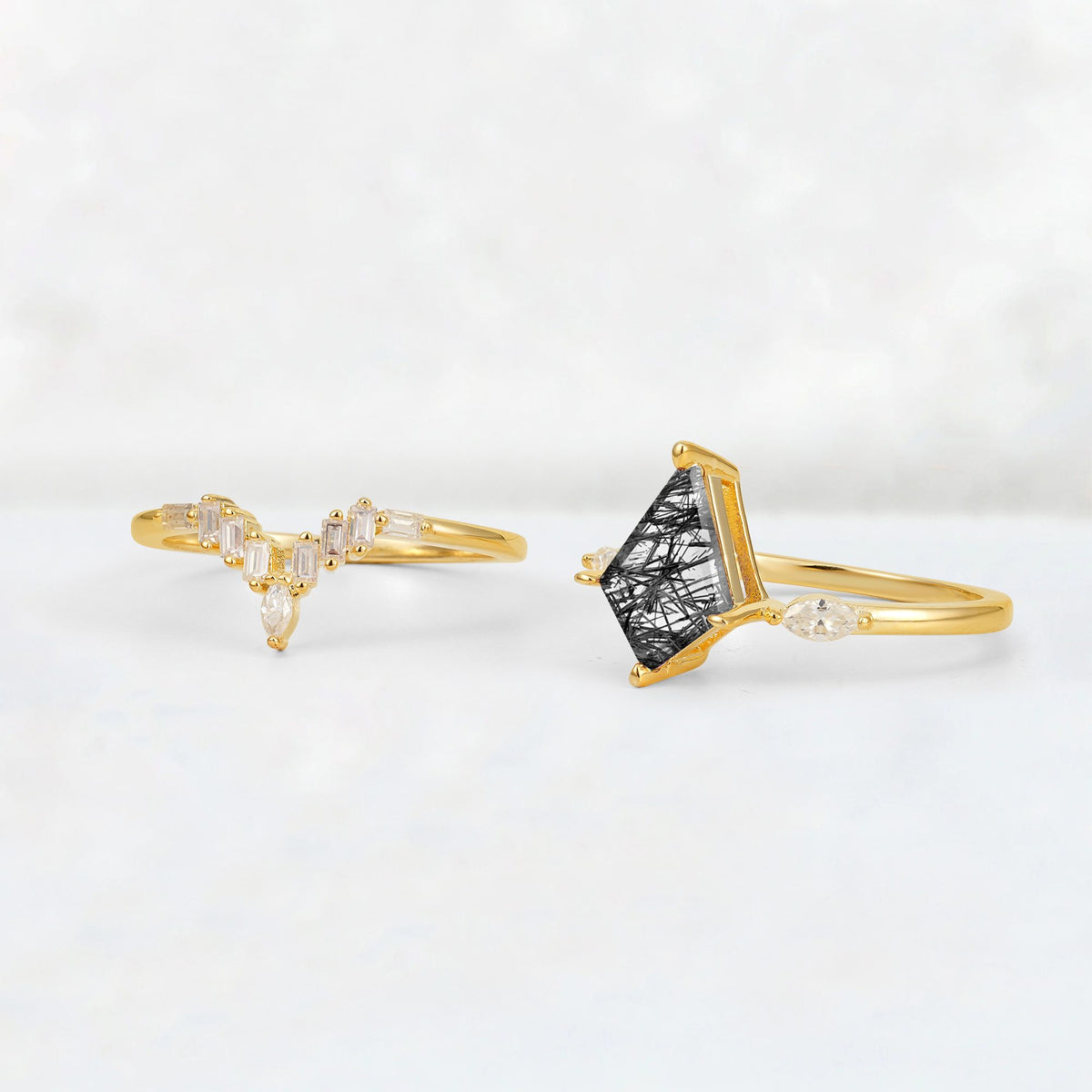 Elongated Kite Cut Black Rutilated Quartz Marquise & Baguette Bridal Ring Set - Additional view