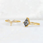 Elongated Kite Cut Black Rutilated Quartz Marquise & Baguette Bridal Ring Set - Additional view