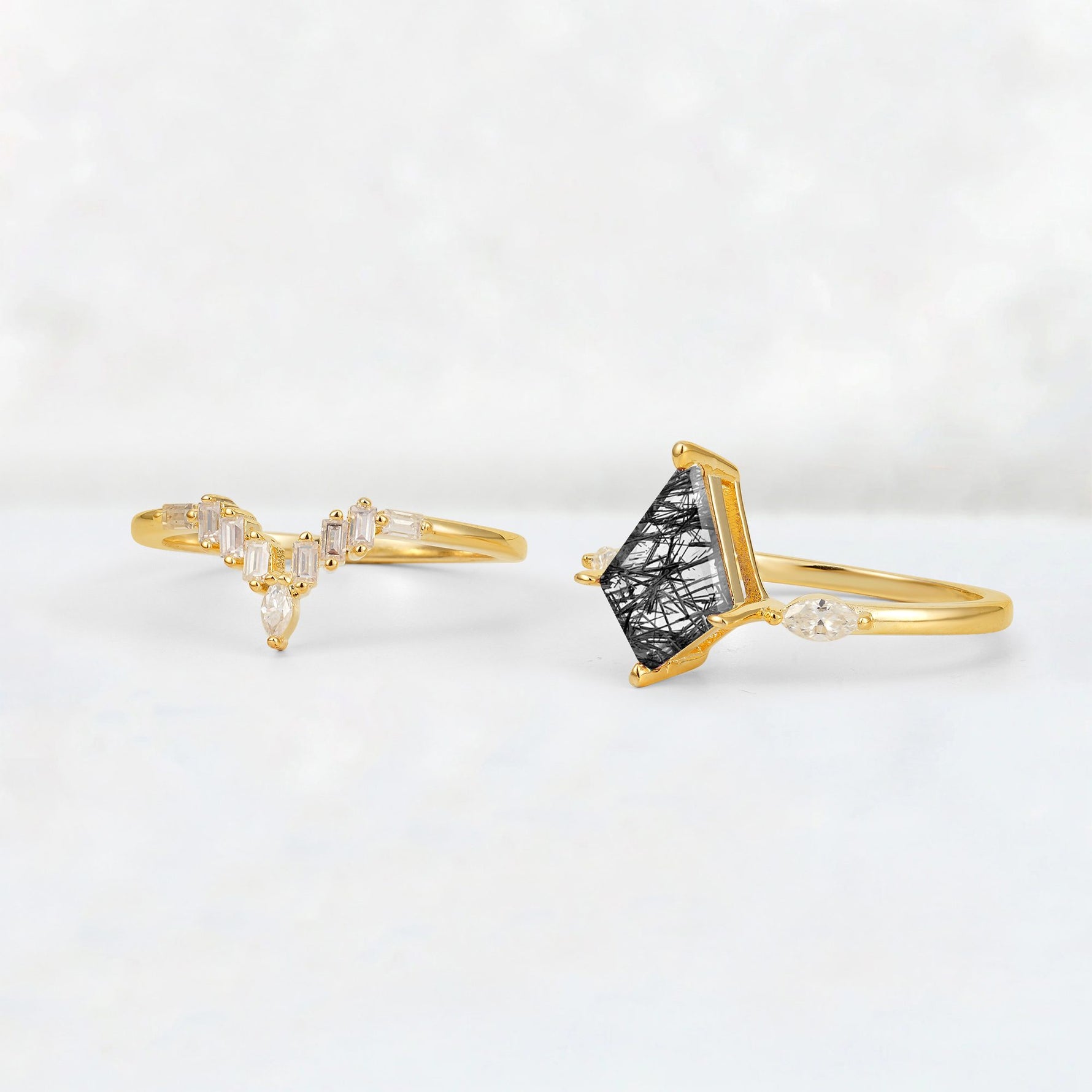 Elongated Kite Cut Black Rutilated Quartz Marquise & Baguette Bridal Ring Set - Additional view