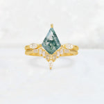 Elongated Kite Cut Moss Agate Marquise & Baguette Bridal Ring Set - Yellow-Gold