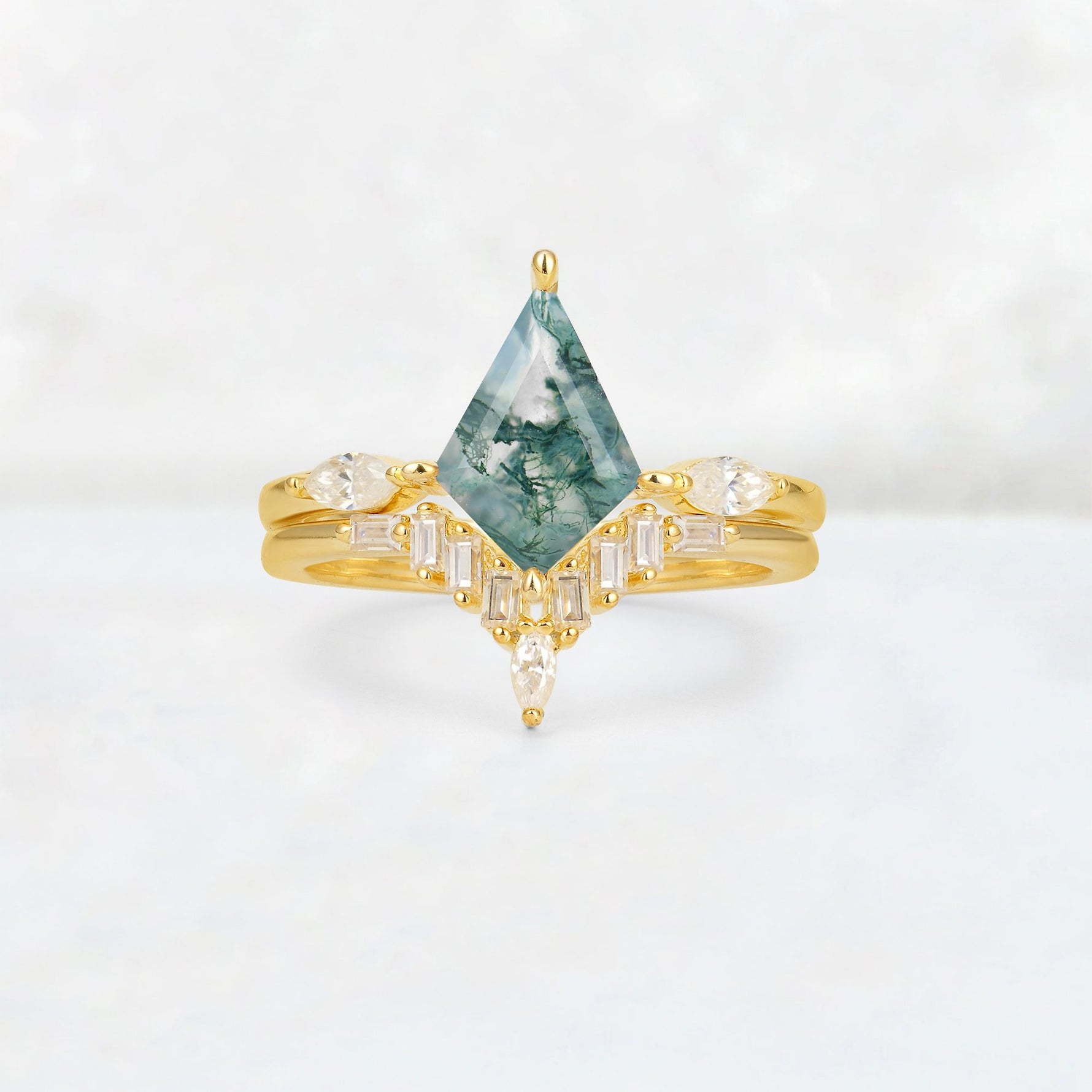 Elongated Kite Cut Moss Agate Marquise & Baguette Bridal Ring Set - Yellow-Gold