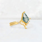 Elongated Kite Cut Moss Agate Marquise & Baguette Bridal Ring Set - Rose-Gold